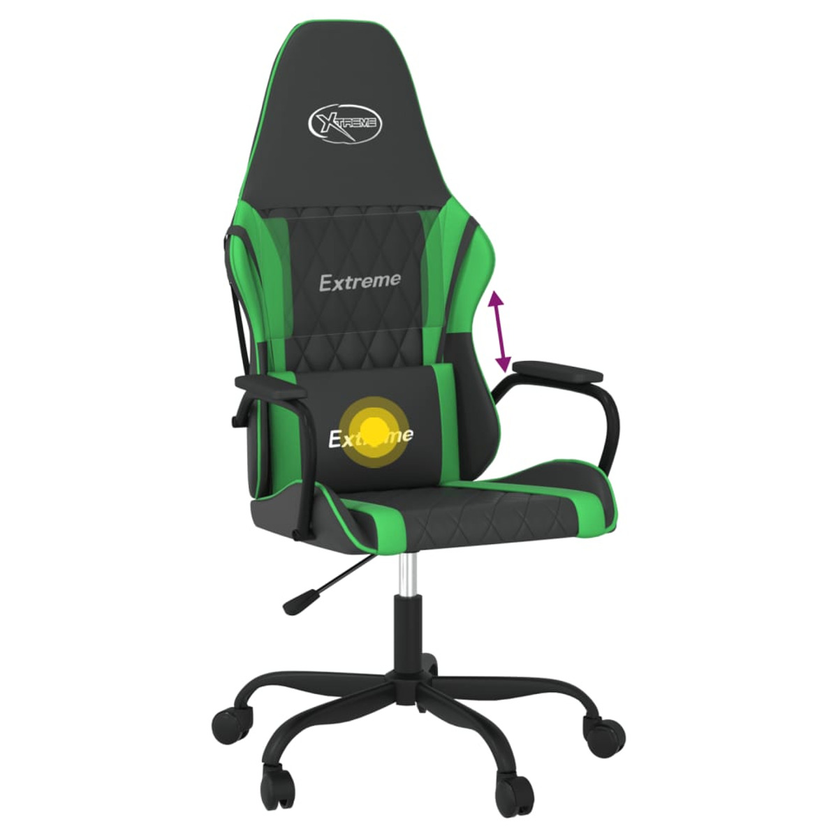Ein grüner und schwarzer Gaming-Stuhl mit grünen Akzenten. Es ist auf weißem Hintergrund.