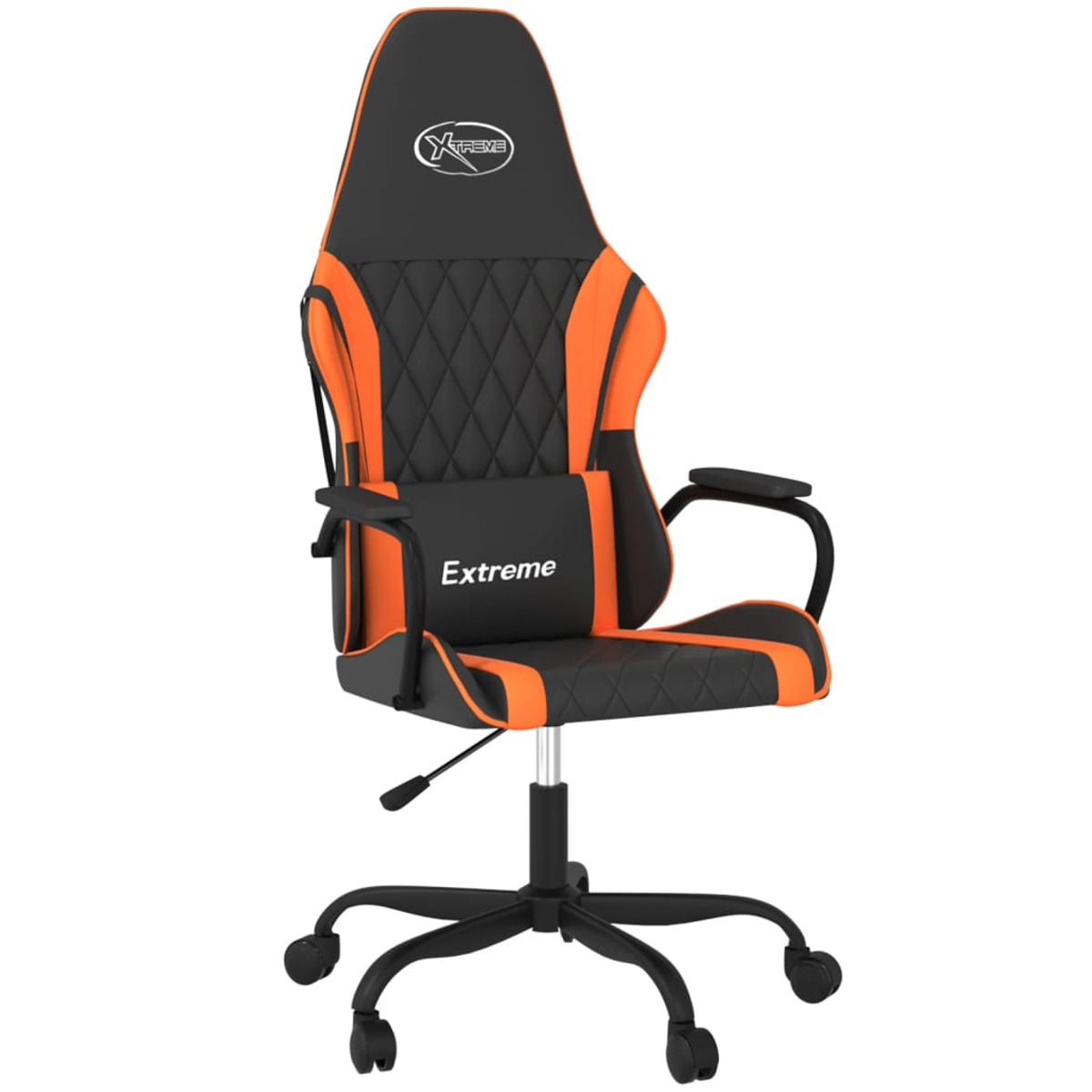 Schwarzer und orangefarbener Gaming-Stuhl mit "Extreme" Kissen und schwarzen Rädern. Weißer Hintergrund.