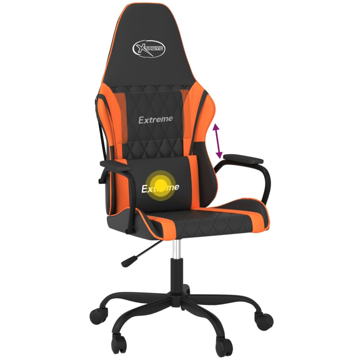 Gaming-Stuhl, schwarz und orange. Rücken und Sitz sind orange, mit schwarzen Details. Verstellbare Armlehnen.