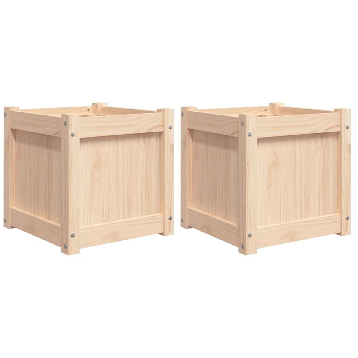 Zwei quadratische Pflanzkästen aus Holz. Hellbraune Farbe, einfaches Design.