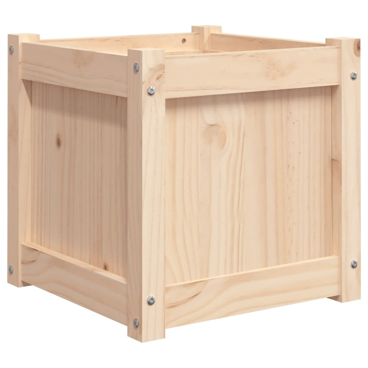 Würfelförmige Holzkiste mit sichtbarer Maserung, mit Schrauben montiert.