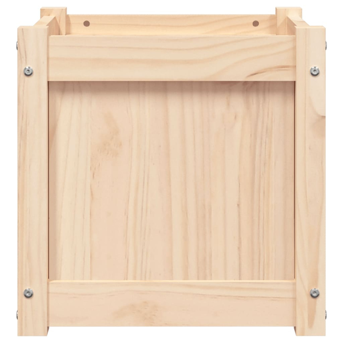 Eine einfache Holzkiste mit sichtbaren Verbindungen und Schrauben an den Seiten.