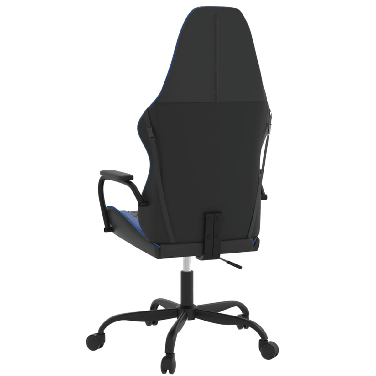 Schwarzer und blauer Gaming-Stuhl, Rückansicht auf weißem Hintergrund.