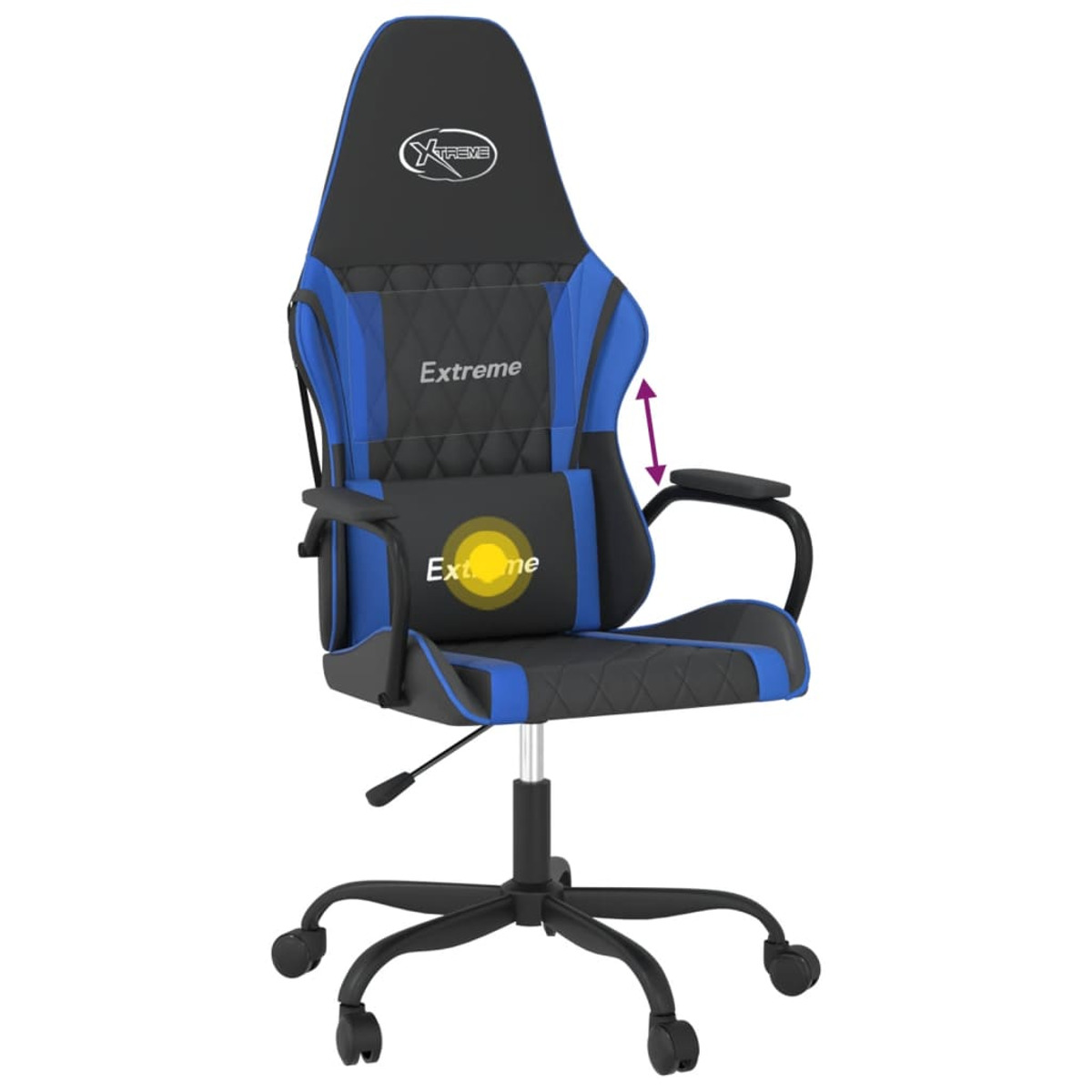 Blau-schwarzer Gaming-Stuhl mit verstellbarer Armlehne und Lendenwirbelstütze.