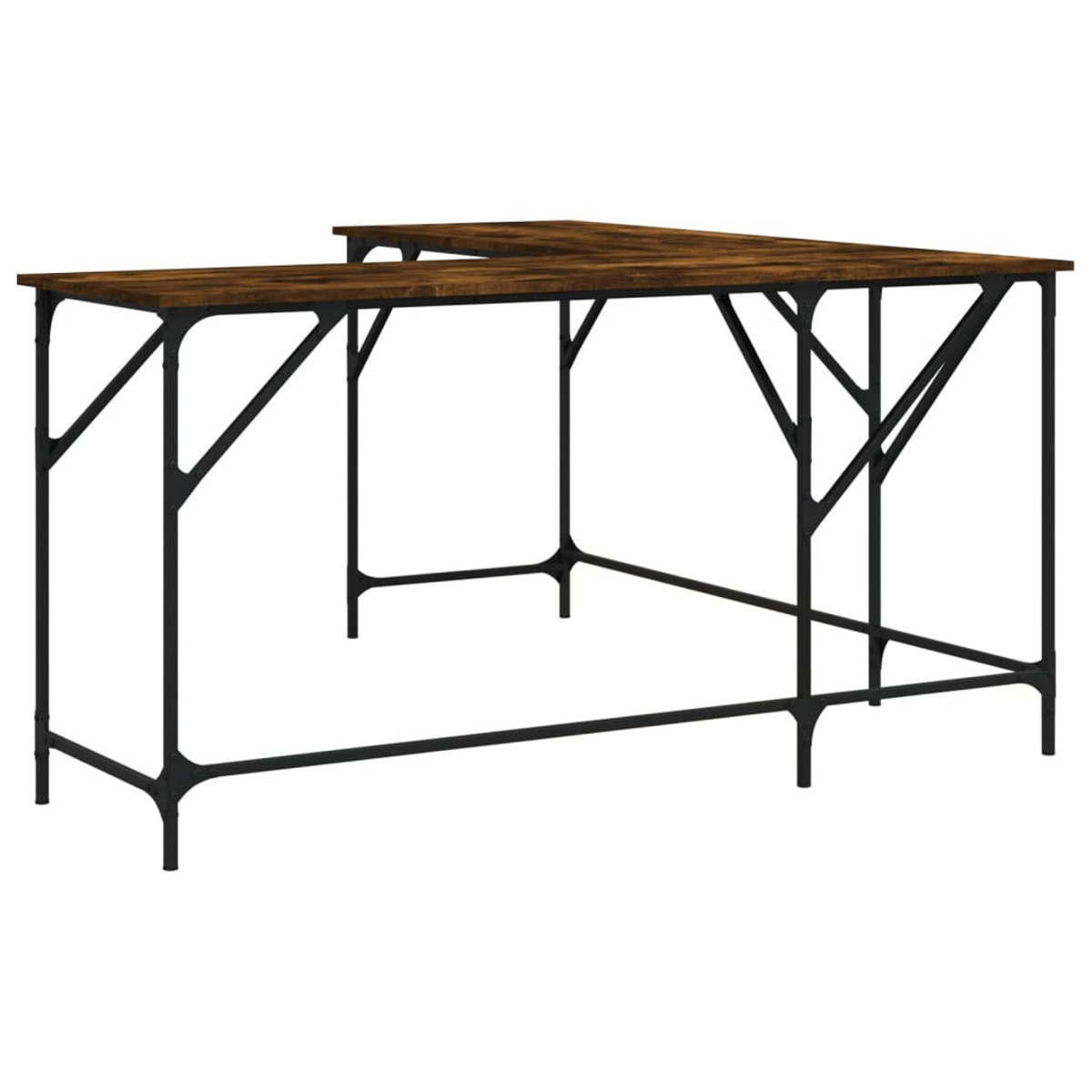 L-förmiger Holzschreibtisch mit schwarzem Metallrahmen. Der Schreibtisch hat eine dunkelbraune, holzähnliche Oberfläche.