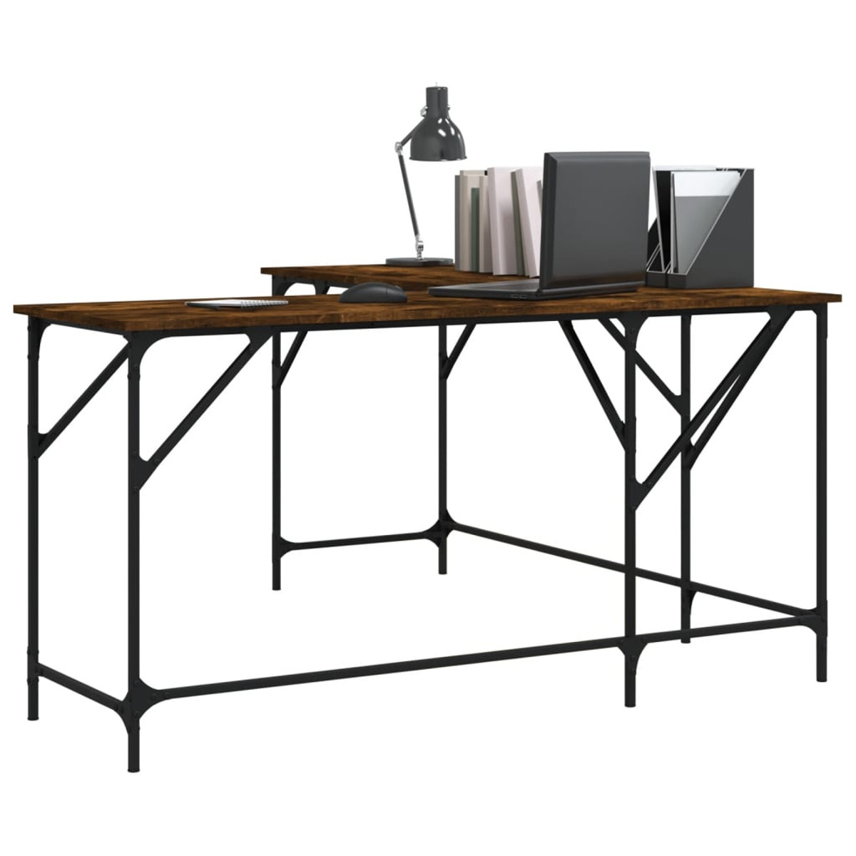 Ein großer L-förmiger Schreibtisch mit schwarzem Metallrahmen, Laptop, Lampe und Büchern.