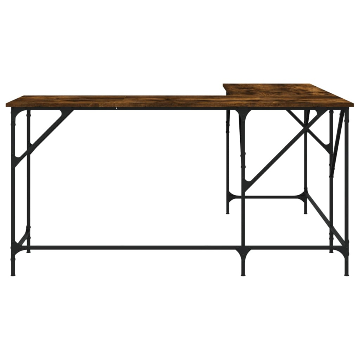 Ein brauner und schwarzer L-förmiger Schreibtisch mit Metallbeinen, auf weißem Hintergrund.