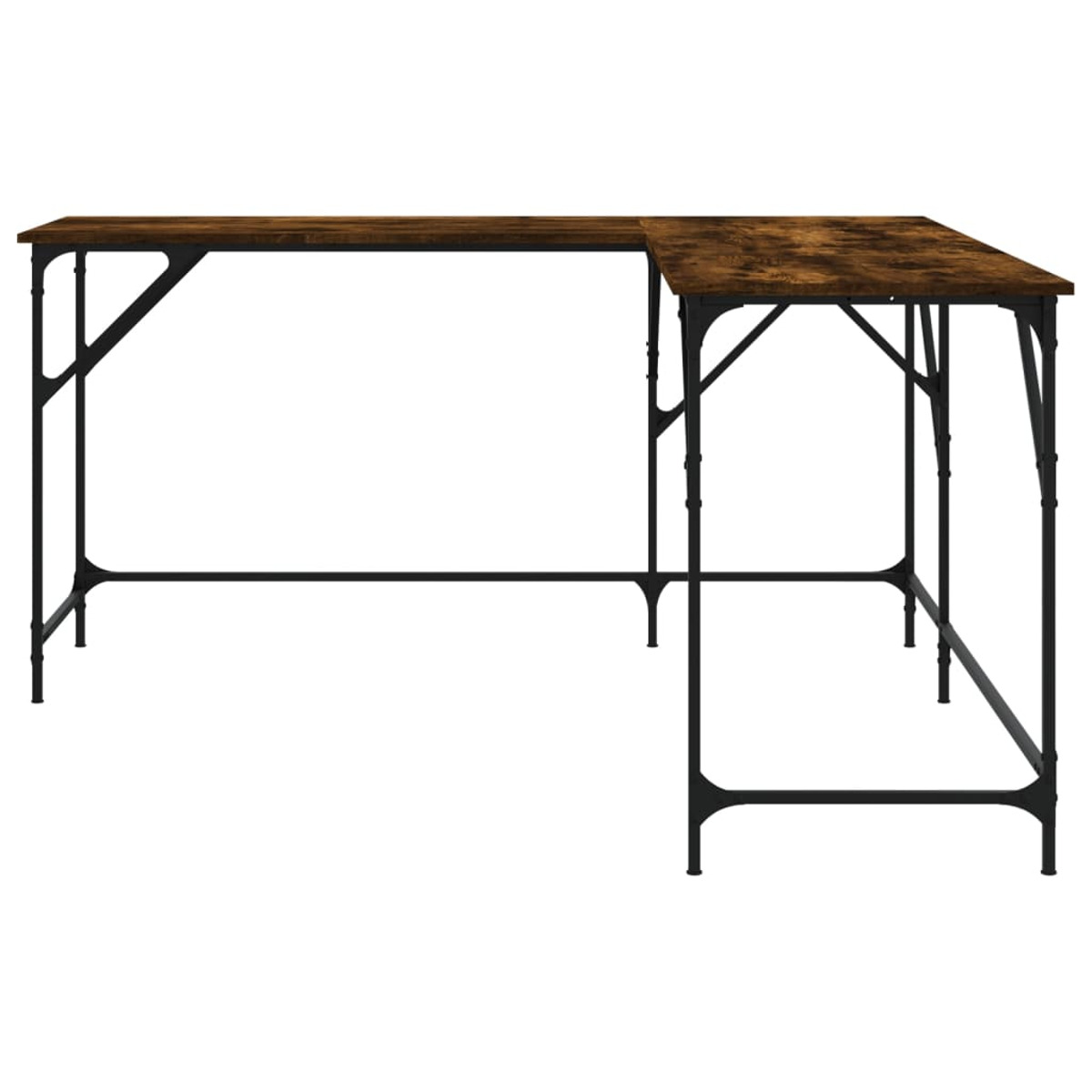 L-förmiger Schreibtisch mit dunkler Holzplatte und schwarzen Metallbeinen. Weißer Hintergrund.