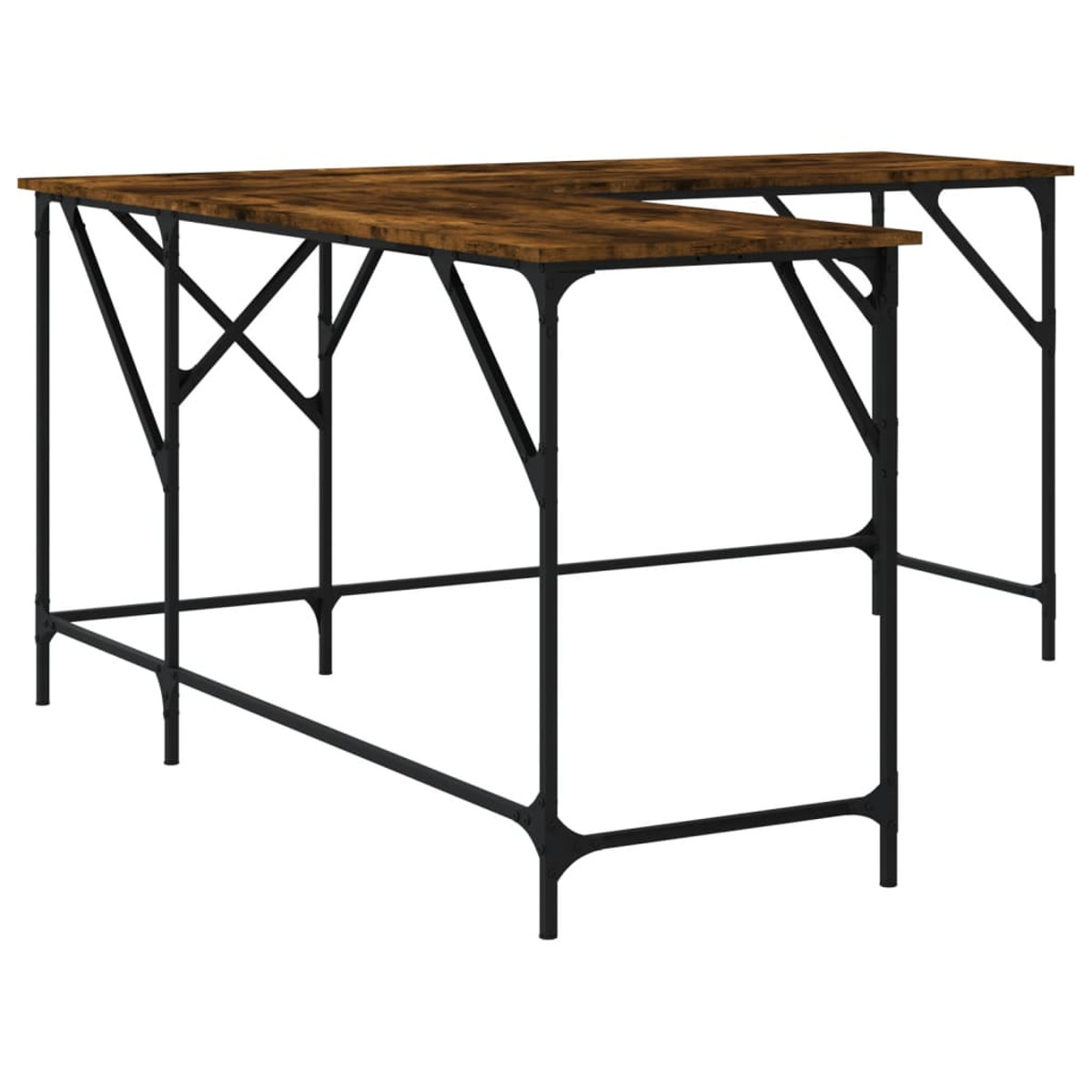 Ein Holzschreibtisch mit schwarzen Metallbeinen. Der Schreibtisch hat eine L-Form. Weißer Hintergrund.