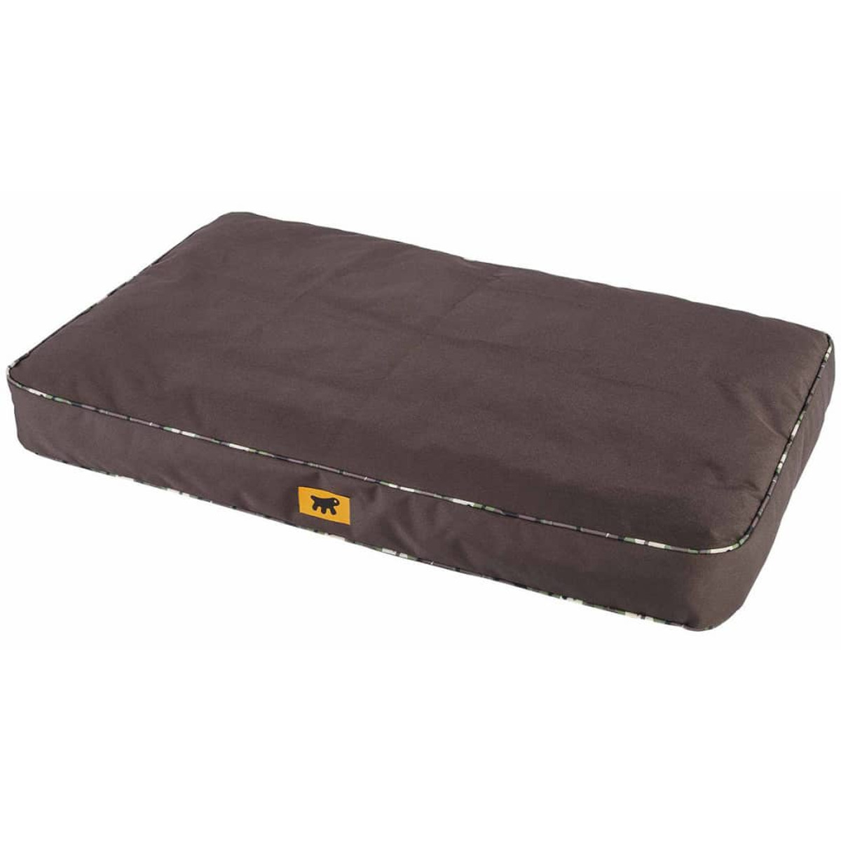 Lettino rettangolare marrone per cani con base marrone e logo cane giallo.
