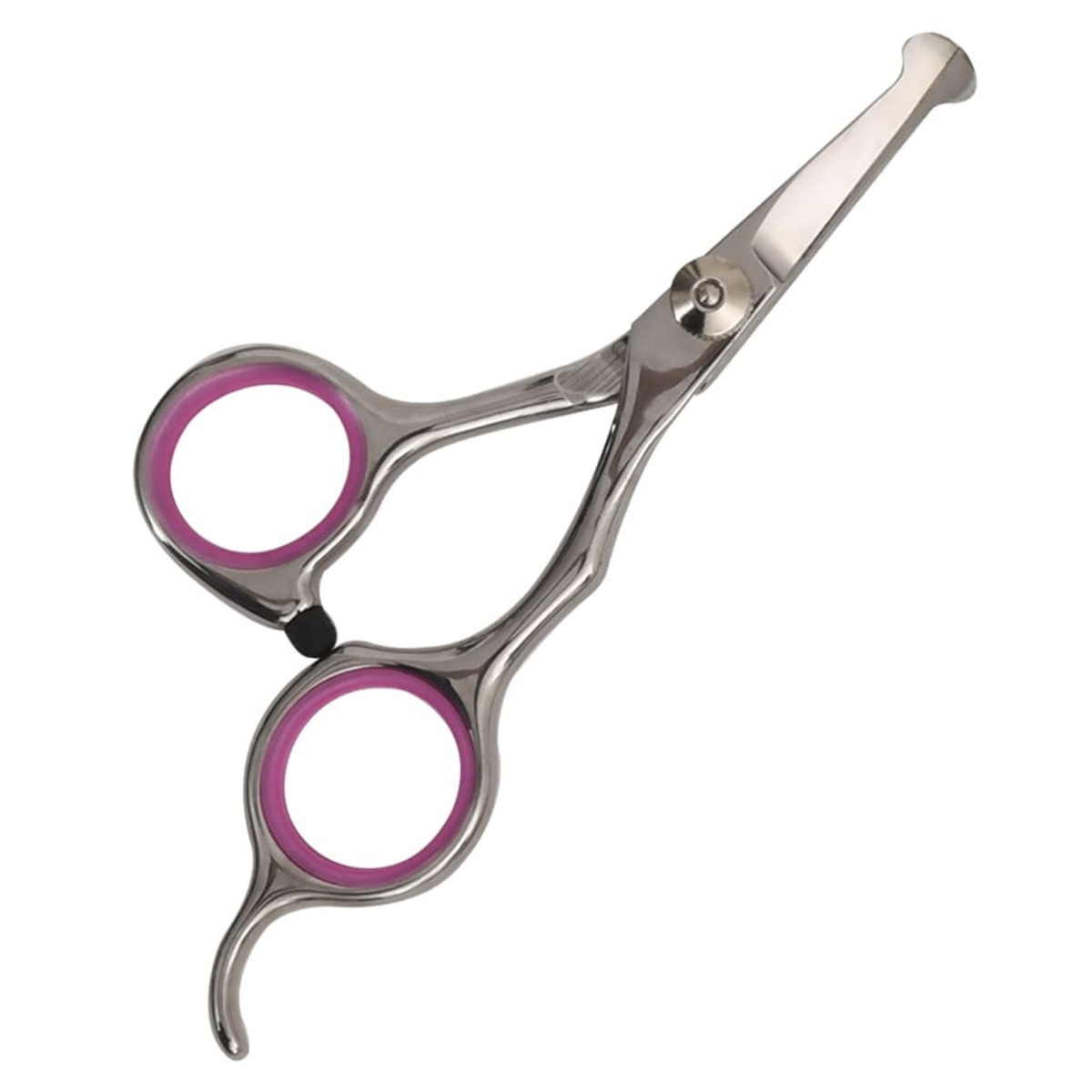 Silberne Haustierpflege-Schere mit rosa Griffen. Der Hintergrund ist weiß.
