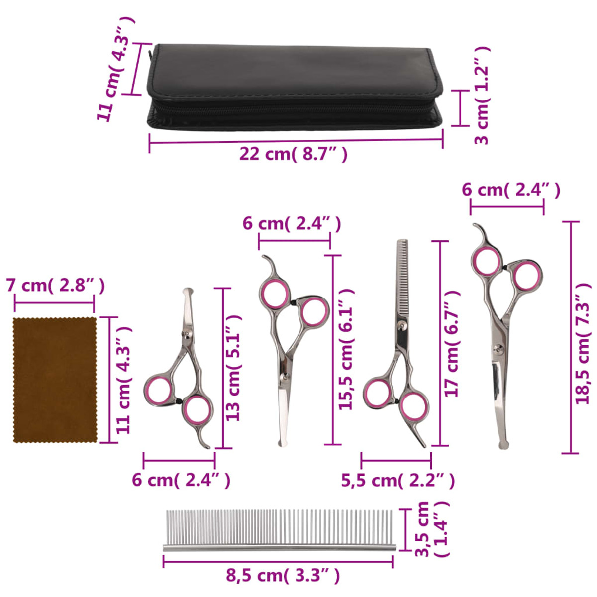 Verschiedene Pflege-Tools mit Maßen, einschließlich Schere und Kamm.