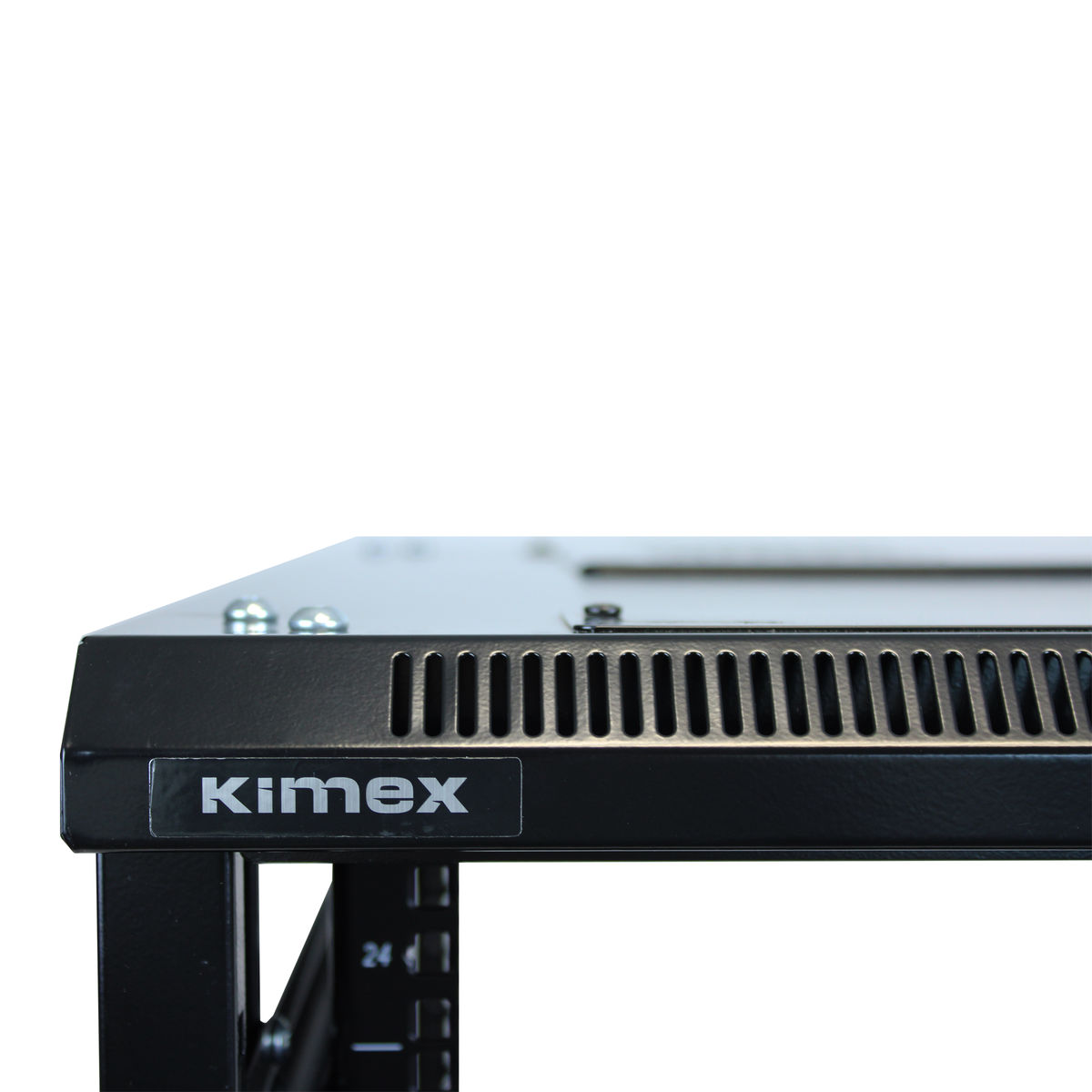 Rack server Kimex nero, primo piano del pannello frontale, su sfondo bianco.