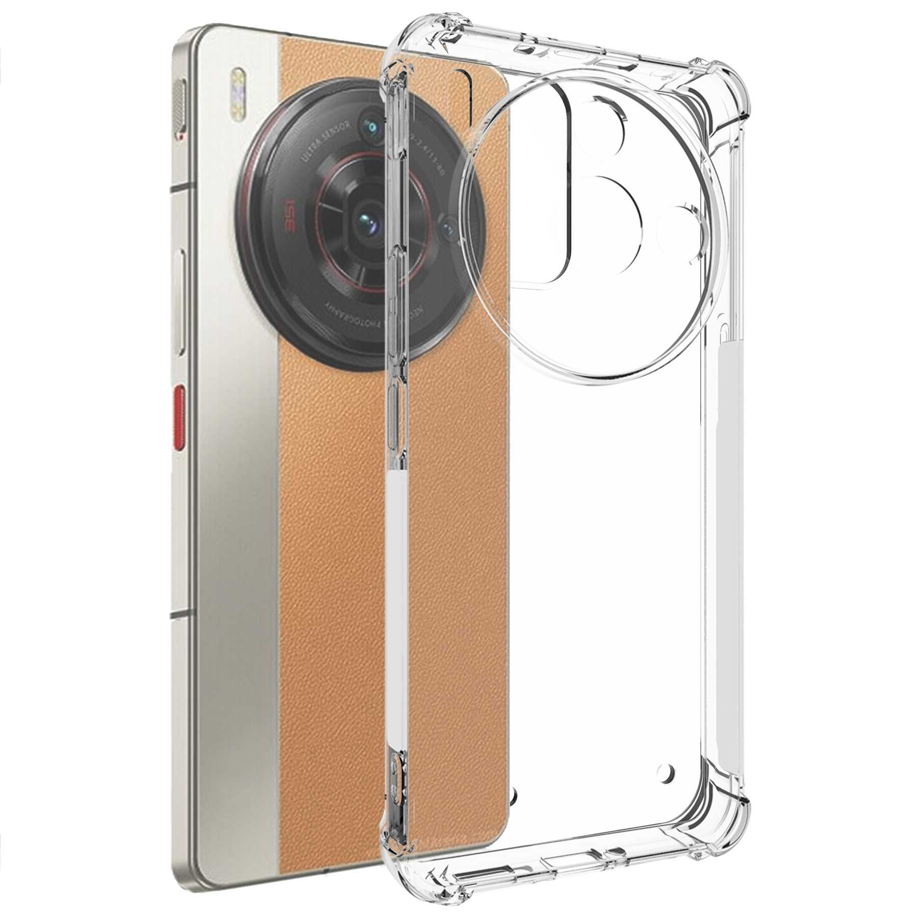 Smartphone mit Kameraschutzhülle. Telefon ist silber und braun, mit drei Objektiven. Hülle ist transparent.