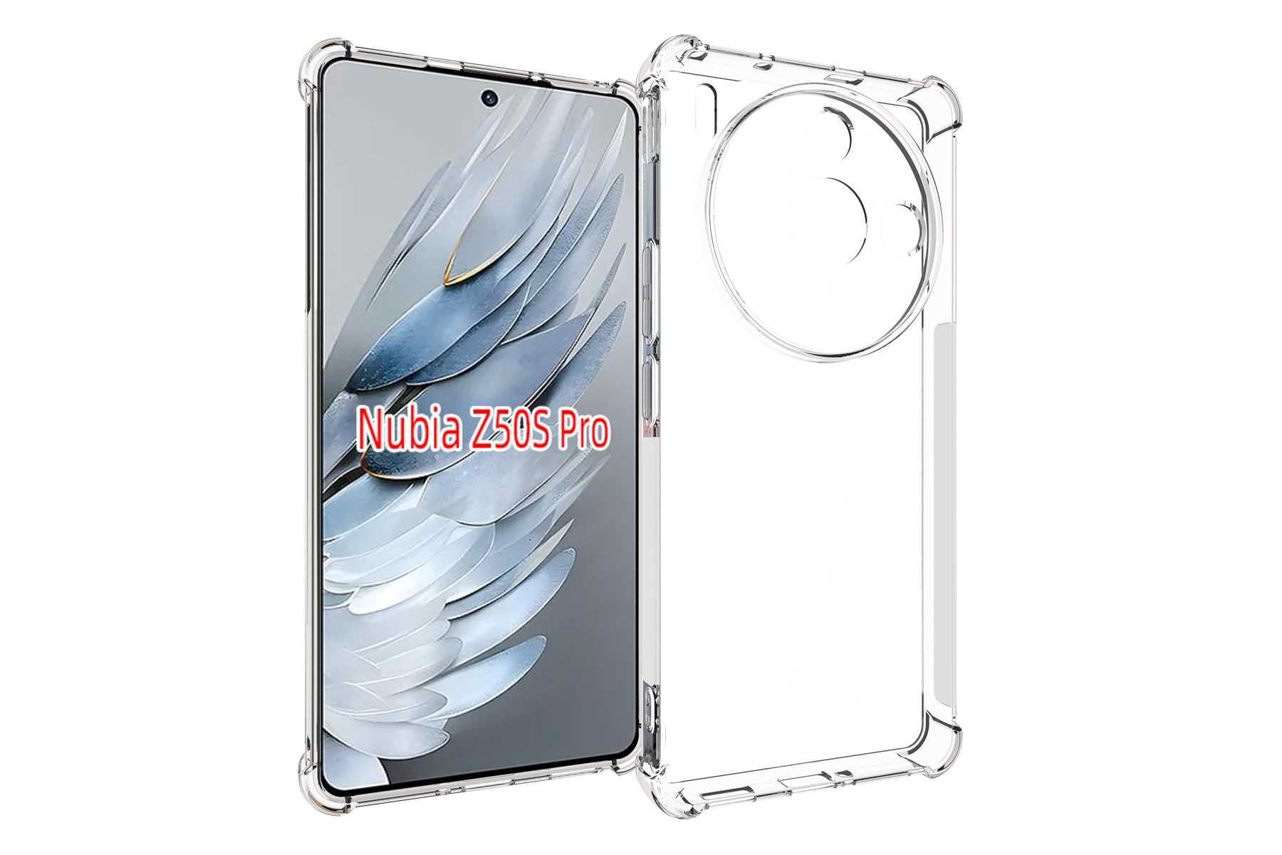 Eine transparente Handyhülle auf einem Handy mit dem Text „Nubia Z50S Pro“ auf dem Bildschirm.