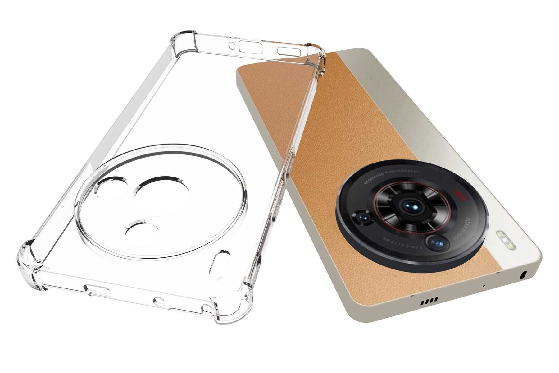 Handyhülle mit Telefon, transparente Hülle und Telefon mit Kameradetails.
