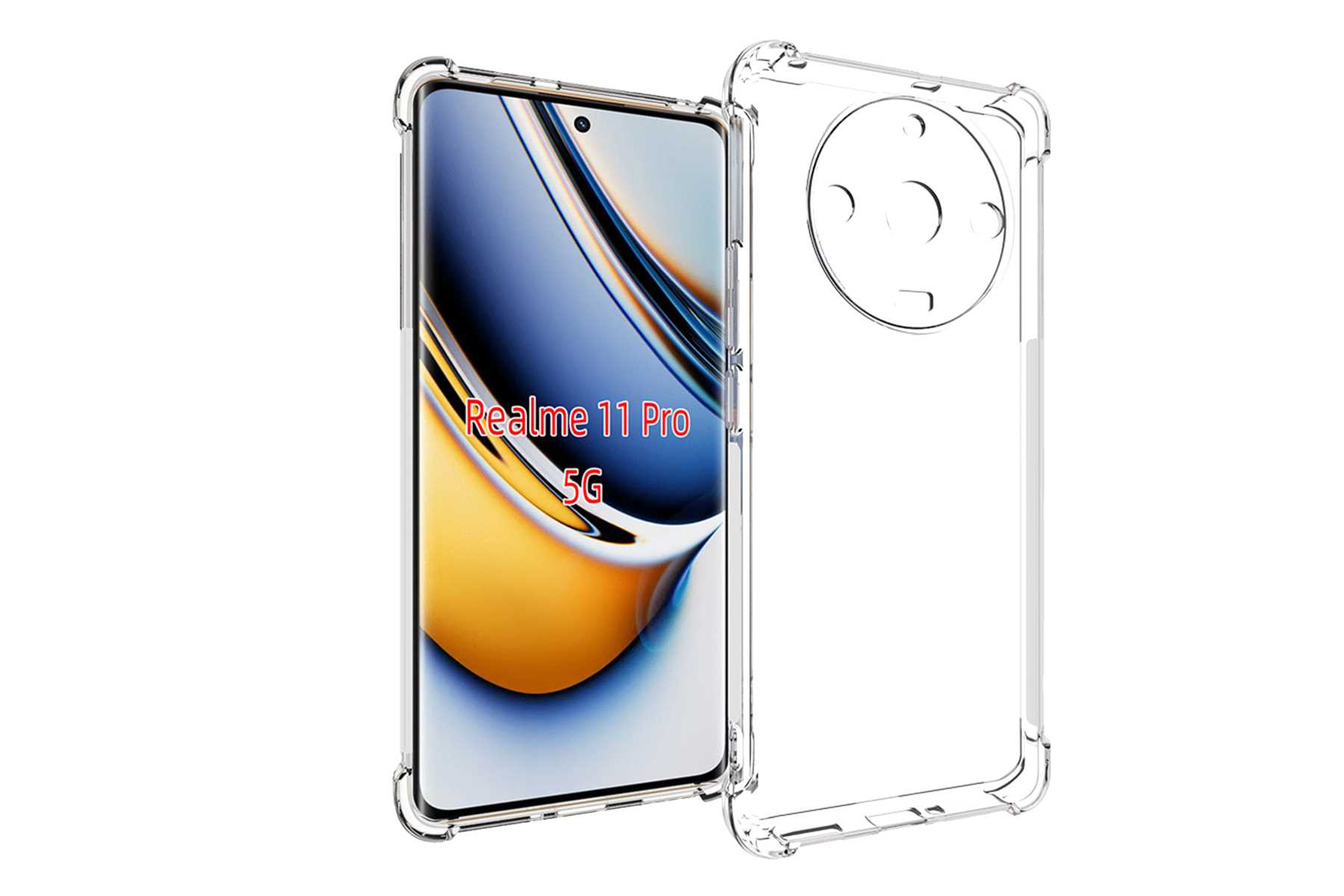 Transparente Handyhülle mit Telefon, beschriftet 'Realme 11 Pro 5G'. Hülle zeigt die Rückseite.