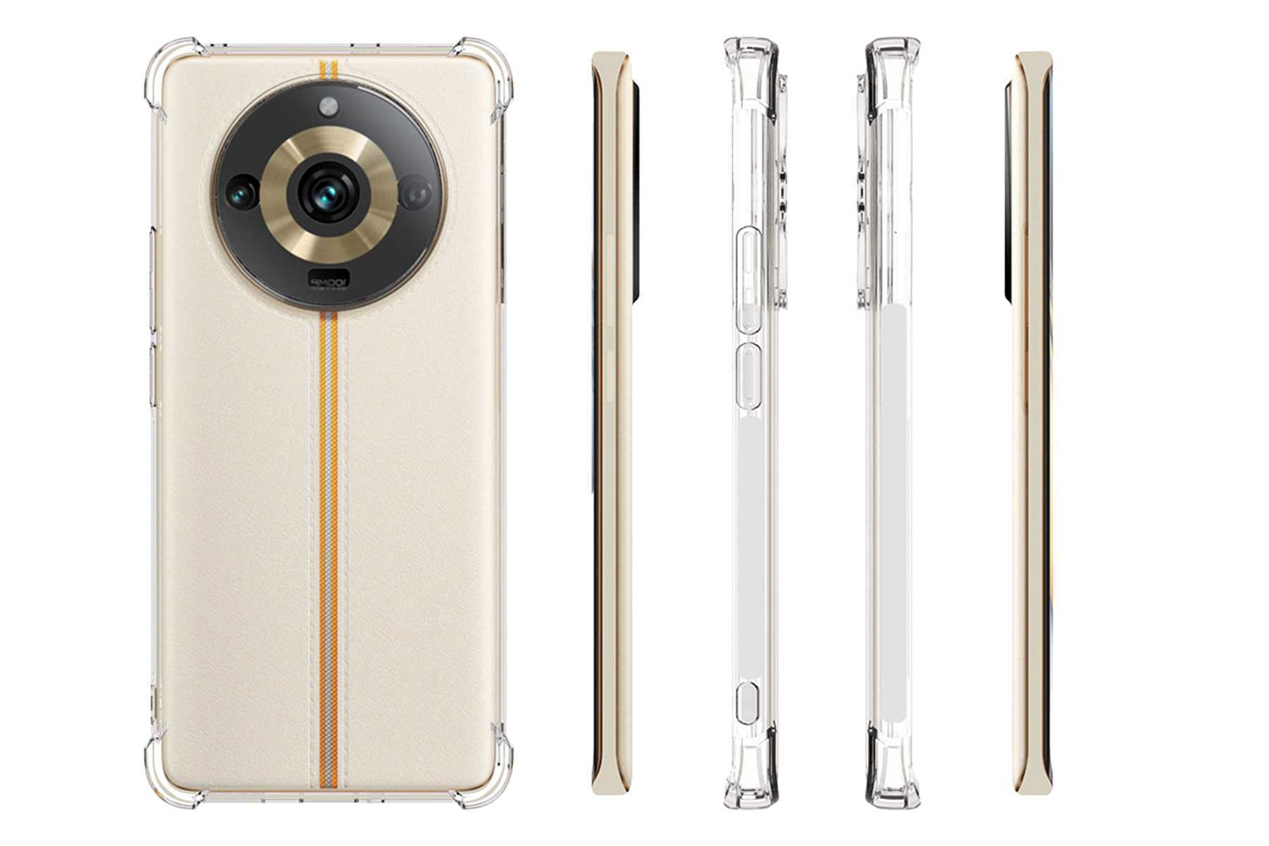 Ein Smartphone mit cremefarbenem Rücken und einer transparenten Schutzhülle. Die Kamera ist prominent.