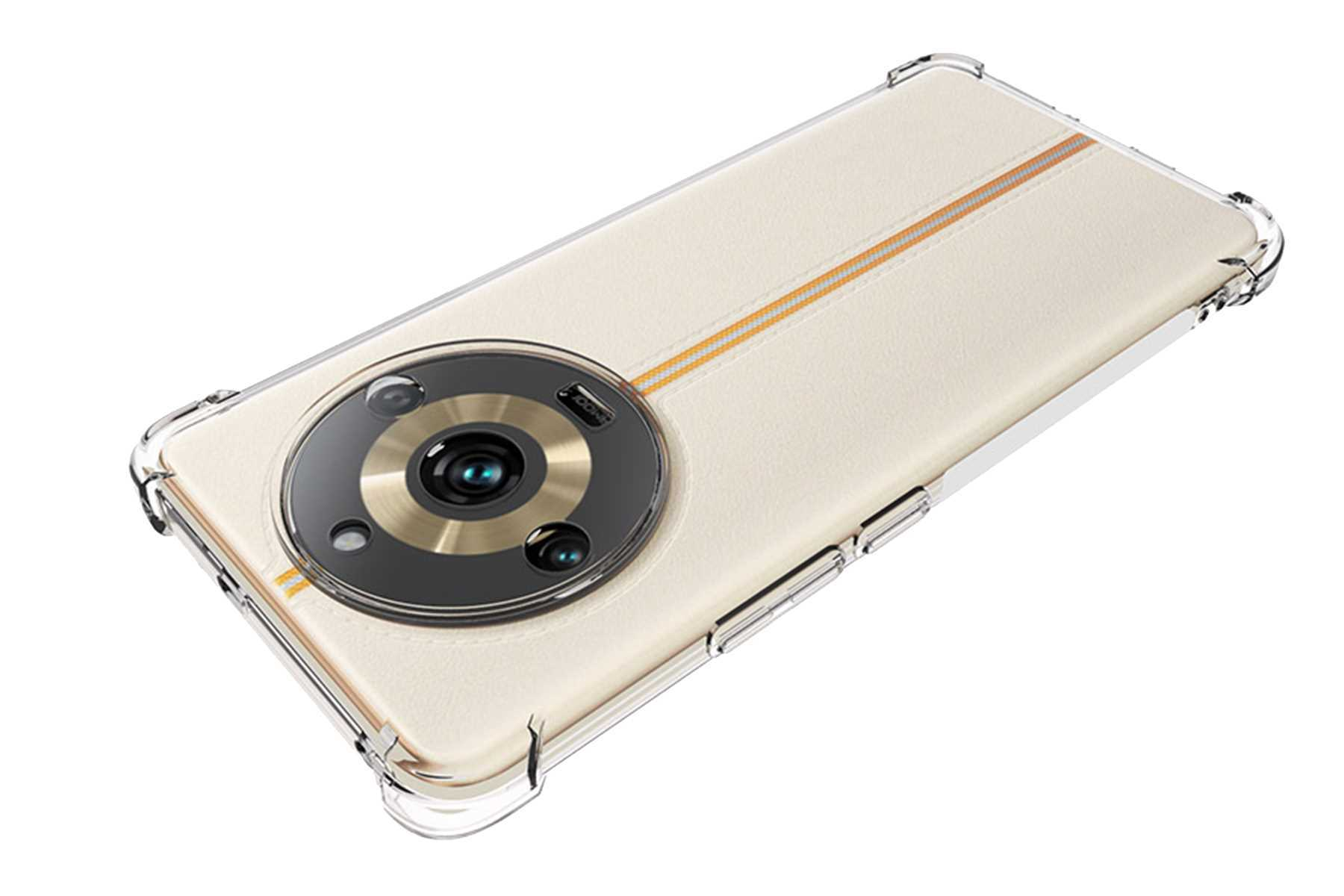 Smartphone in einer transparenten Hülle mit Kameramodul und cremefarbenem Rücken. Die Hülle ist sichtbar.