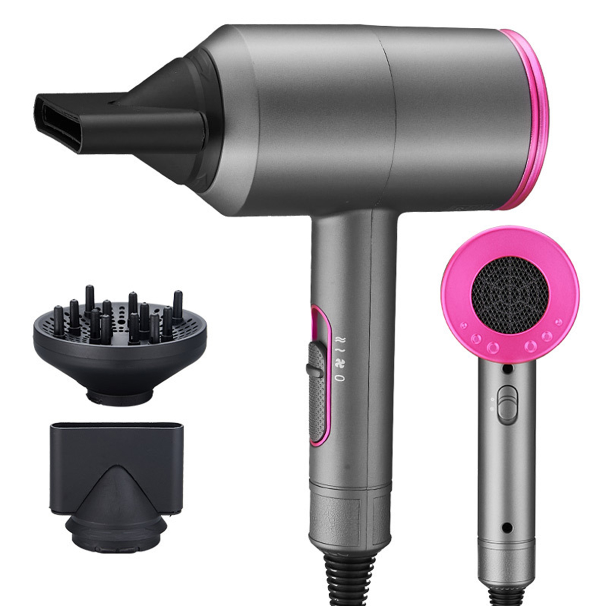Das Bild zeigt einen grau-rosa Haartrockner mit Aufsätzen. Enthält einen Diffusor und eine Konzentratordüse.