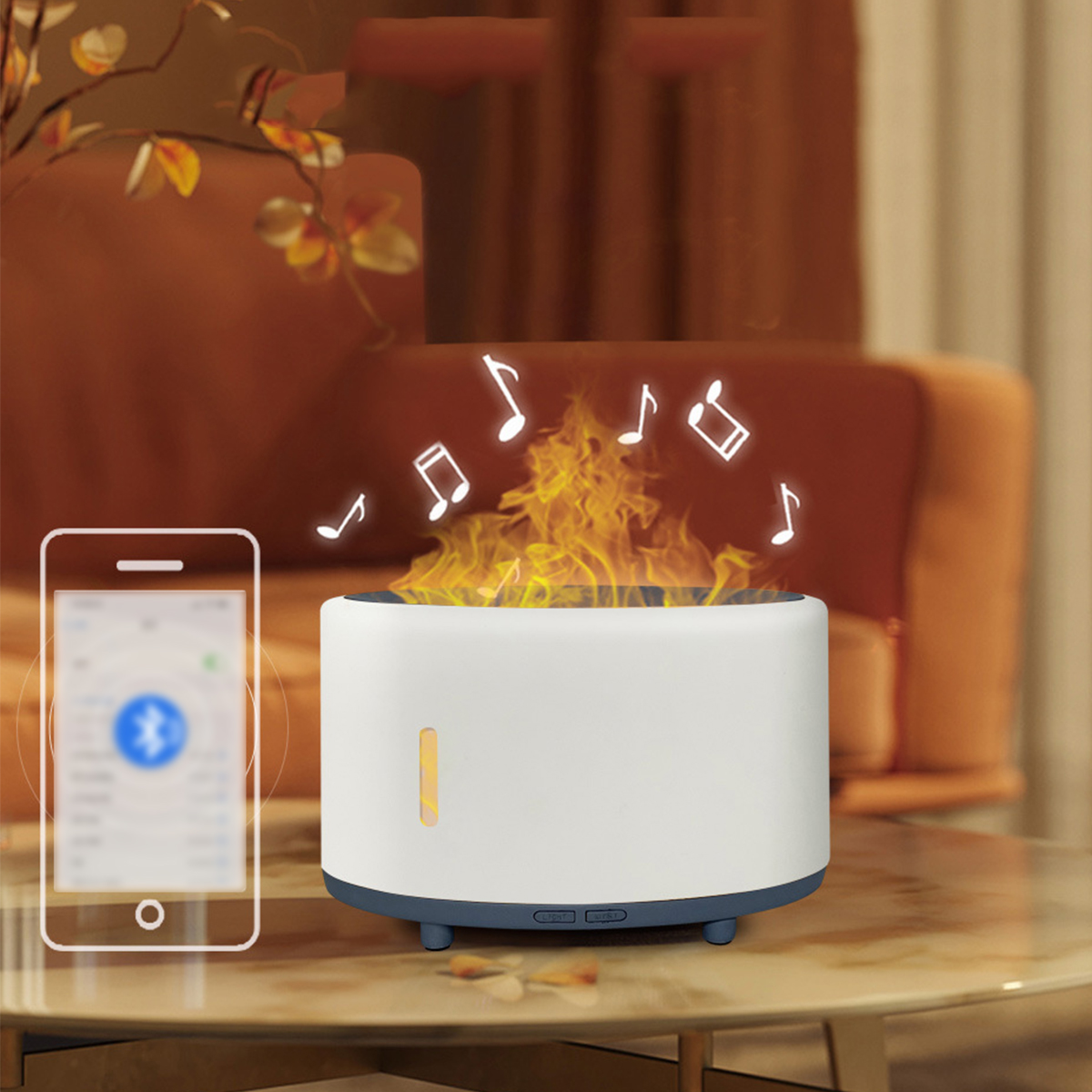 Weißer und dunkelblauer Lautsprecher mit Flammeneffekt. Ein Telefon zeigt eine Bluetooth-Verbindung.