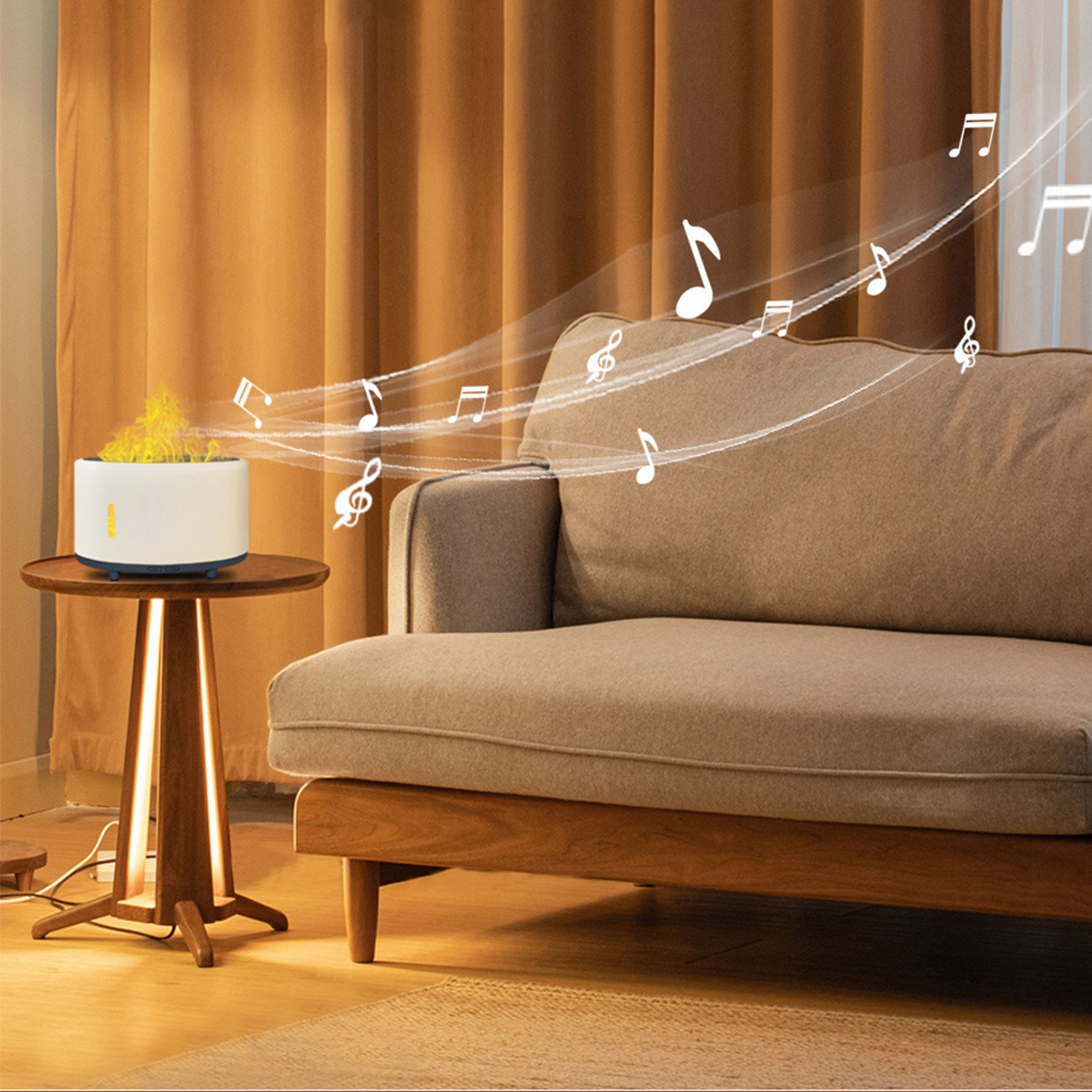Weißer Aromatherapie-Diffusor mit Licht auf einem Holztisch. Sofa im Hintergrund.