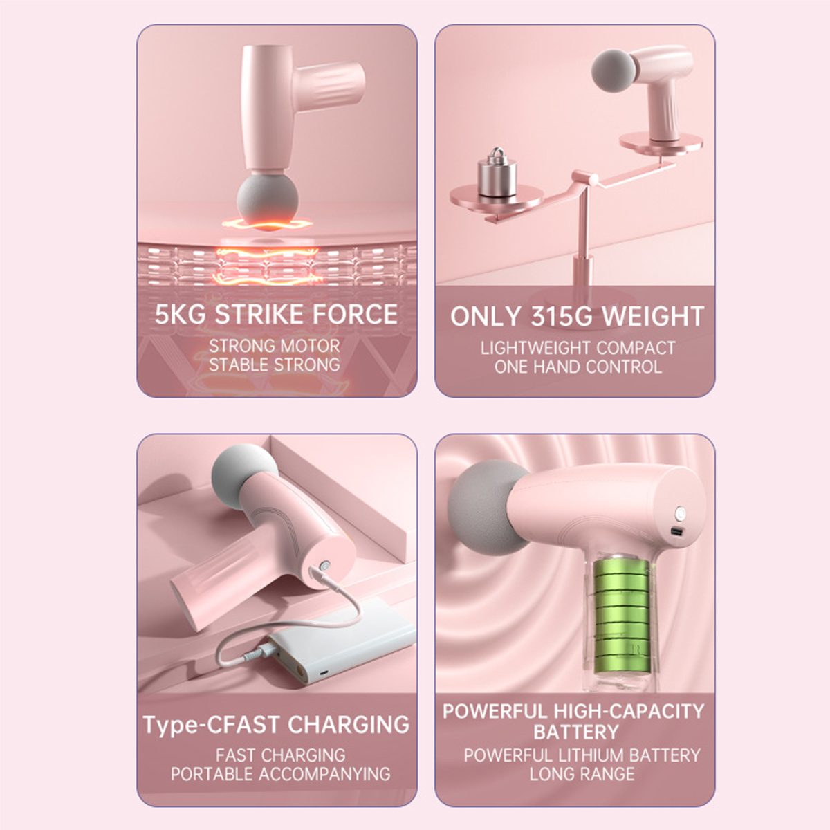 Vier Bilder einer rosa Massagepistole. Verschiedene Ansichten. Weißer Hintergrund.