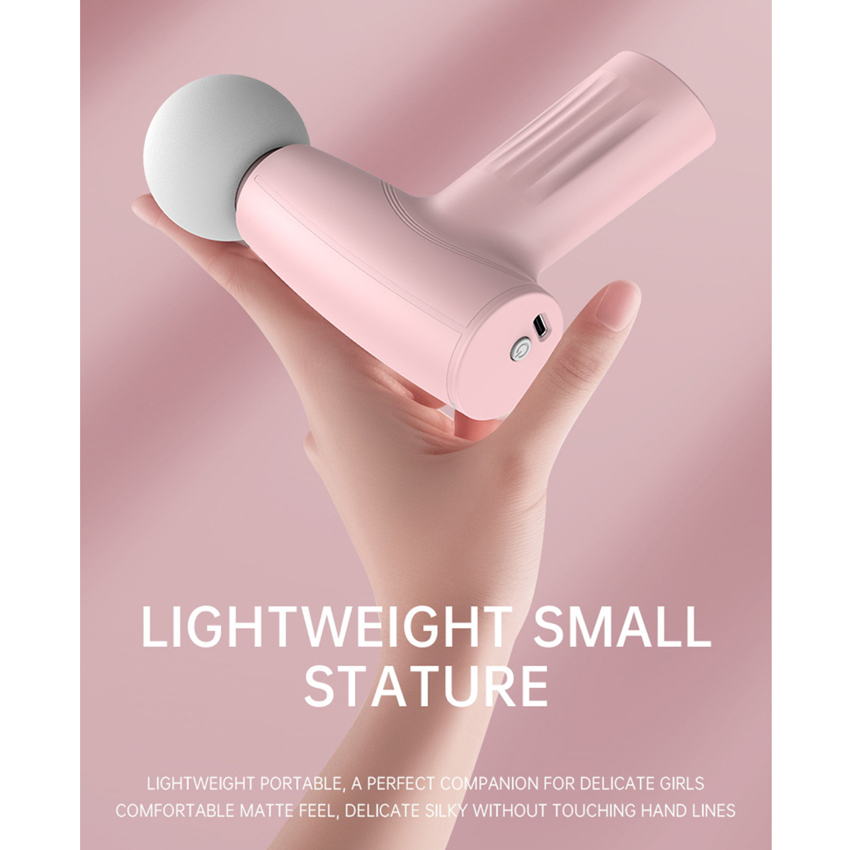 Ein rosa Handmassagegerät, gehalten von einer Hand, mit weißem Text darunter.