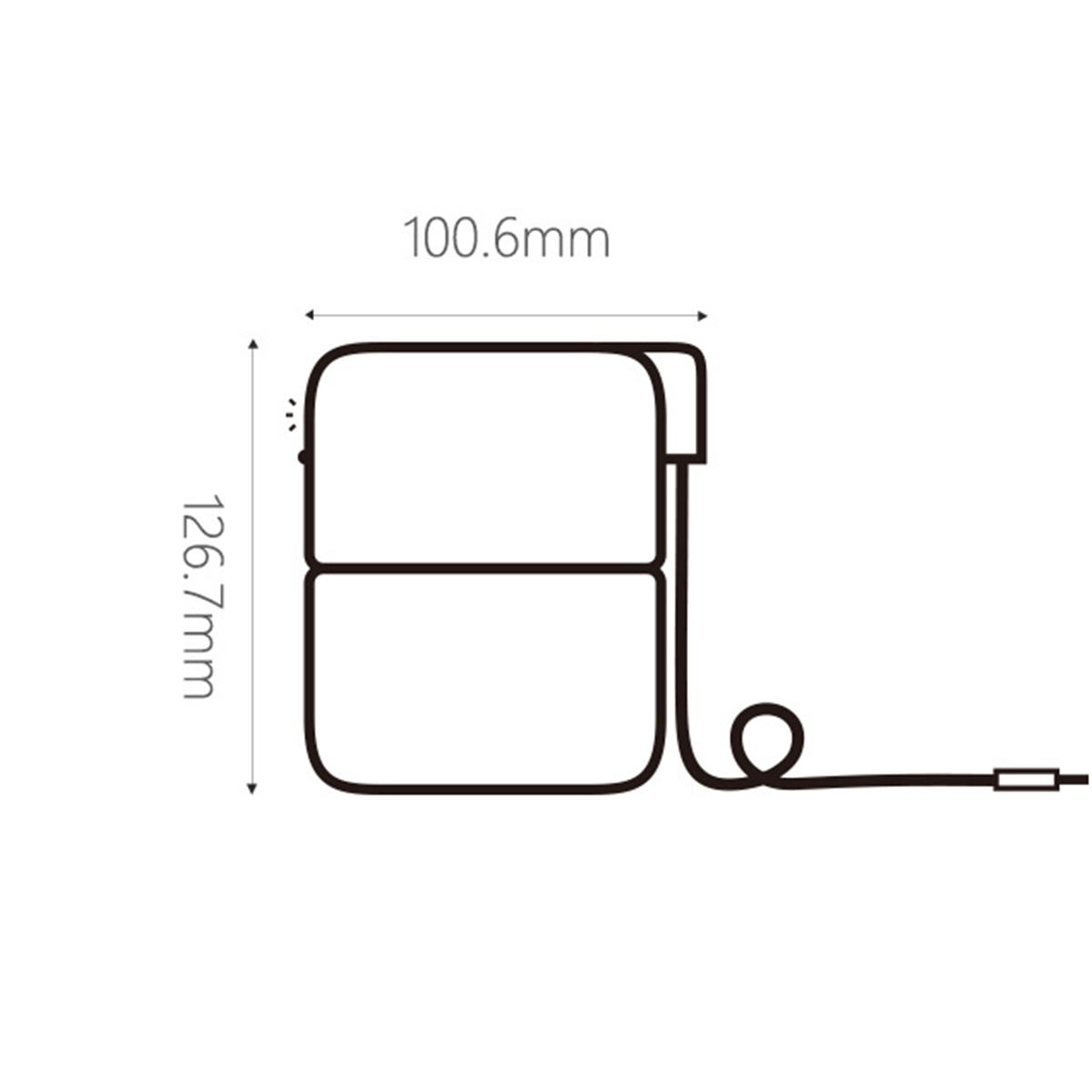 Diagramm eines Geräts mit Abmessungen: 100,6 mm mal 126,7 mm.