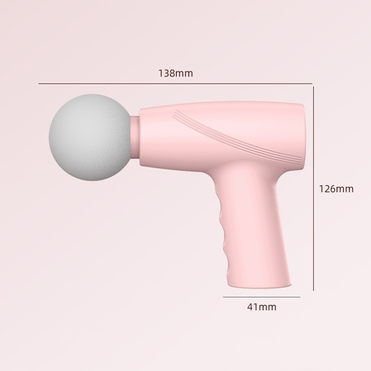 Eine pinke Massagepistole mit kugelförmigem Kopf, Maße: 138mm, 126mm und 41mm.