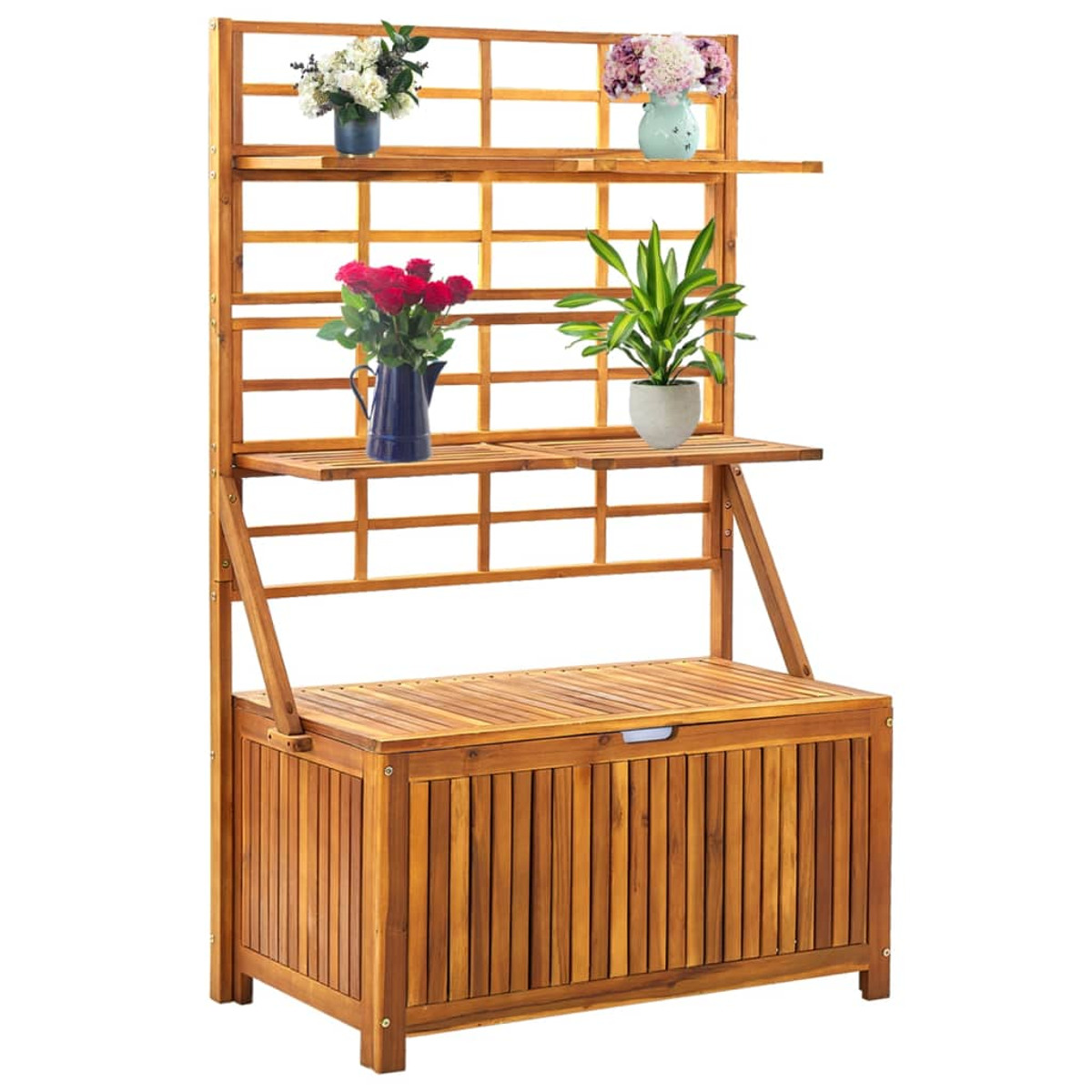 Eine hölzerne Gartenaufbewahrungseinheit mit Gitterrückwand und mehreren Regalen mit Pflanzen und Blumen.