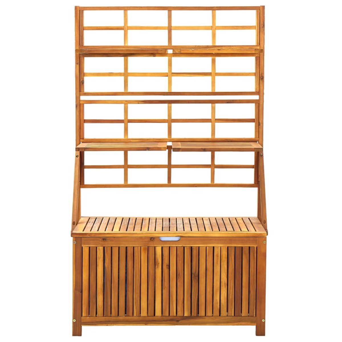 Holz-Pflanztisch mit Regalen, Arbeitsfläche und Schrank. Weißer Hintergrund.
