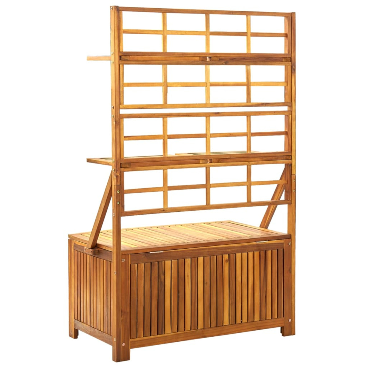 Gartenaufbewahrungseinheit aus Holz mit Regalen und einer Aufbewahrungsbox. Die Einheit hat ein offenes Gitterdesign.