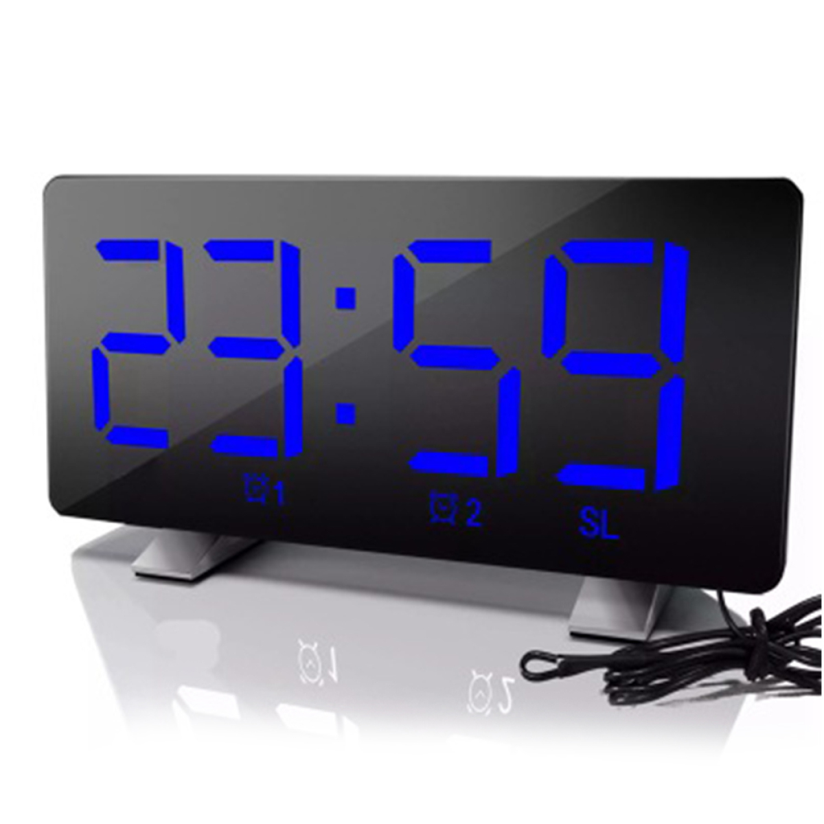 Digitaler Wecker mit 23:59 Uhr. Blaue Ziffern auf schwarzem Bildschirm. Weiße Basis.