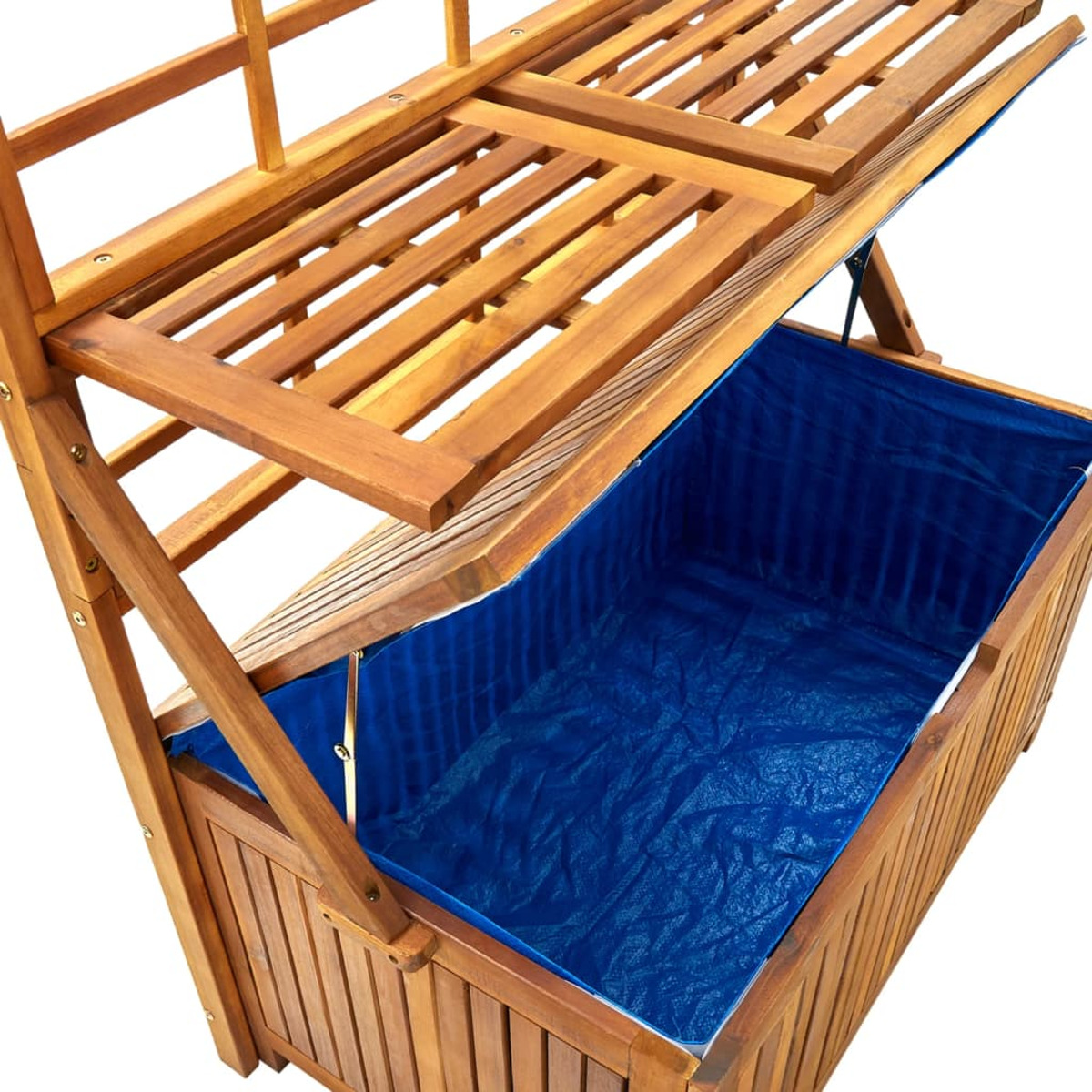 Holzaufbewahrungsbox mit offenem Deckel. Blaue Auskleidung im Inneren. Der Deckel ist teilweise geöffnet. Weißer Hintergrund.