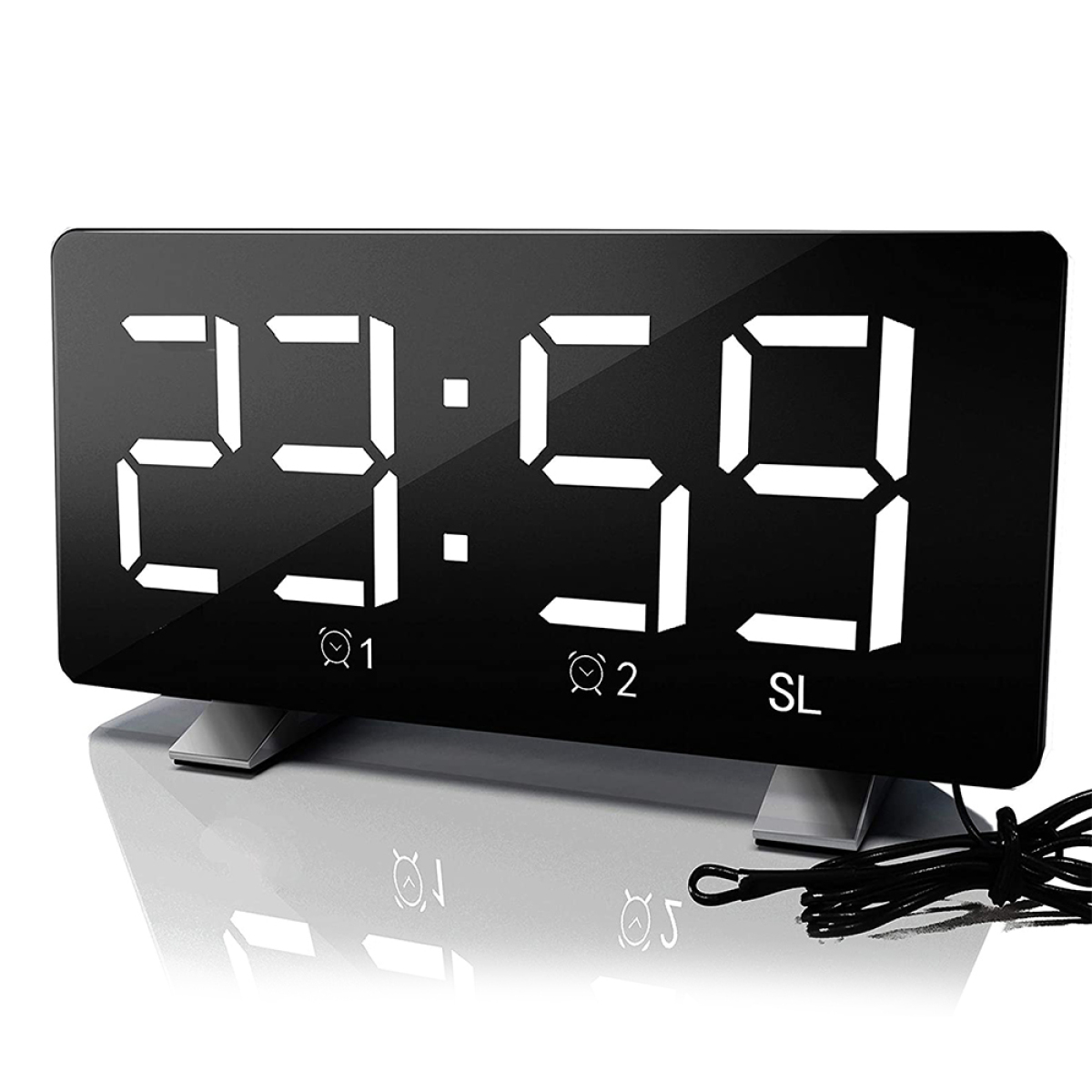 Digitaluhr, die 23:59 mit schwarzem Hintergrund anzeigt. Sie hat zwei Alarmanzeigen und eine SL-Anzeige.