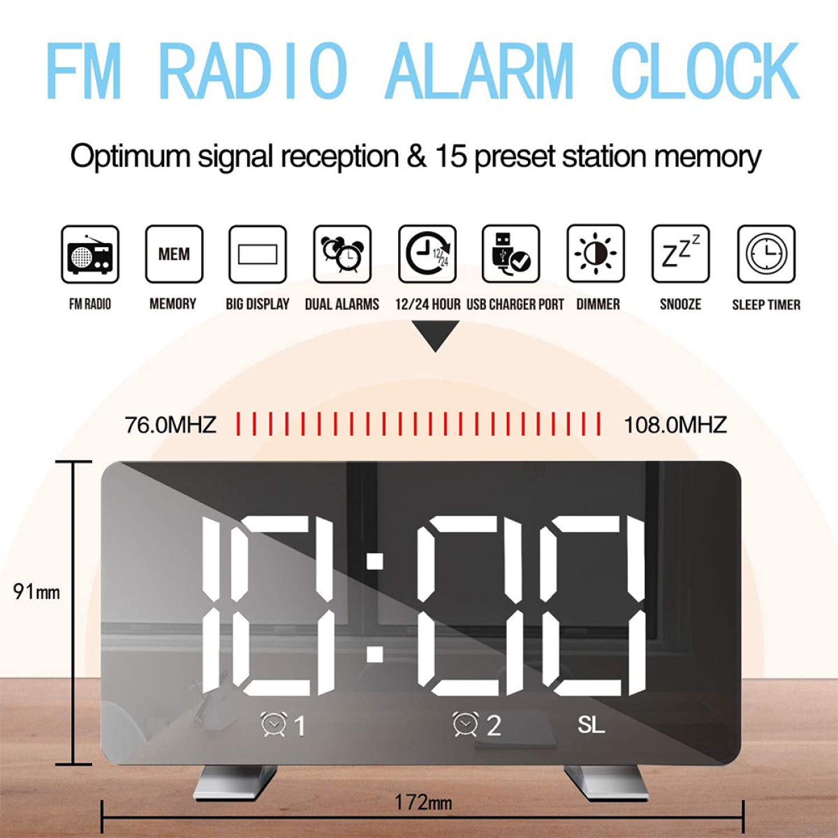 Digitaler UKW-Radiowecker mit Zeitanzeige, Symbolen und Abmessungen auf Weiß.