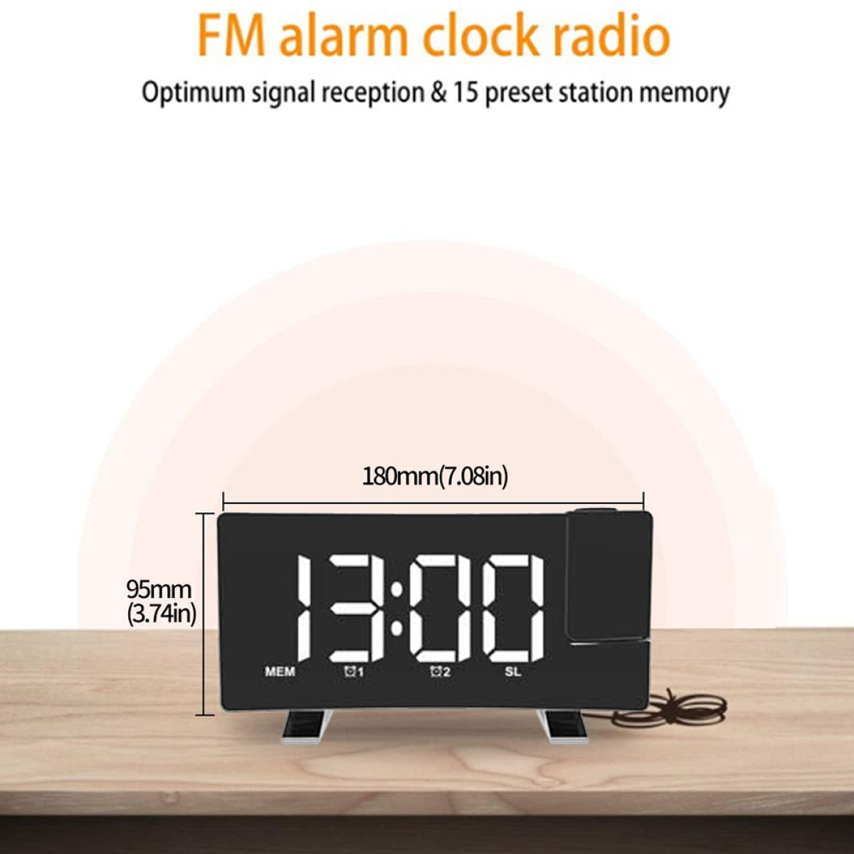 Eine Digitaluhr mit schwarzem Bildschirm, der die Zeit anzeigt. Der Text lautet FM-Radiowecker.