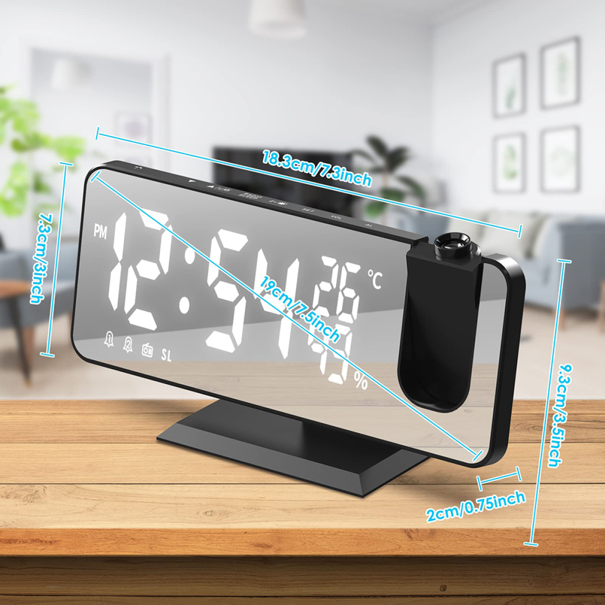 Eine Digitaluhr mit Spiegelfinish, die Zeit und Temperatur anzeigt, mit einem Projektor.