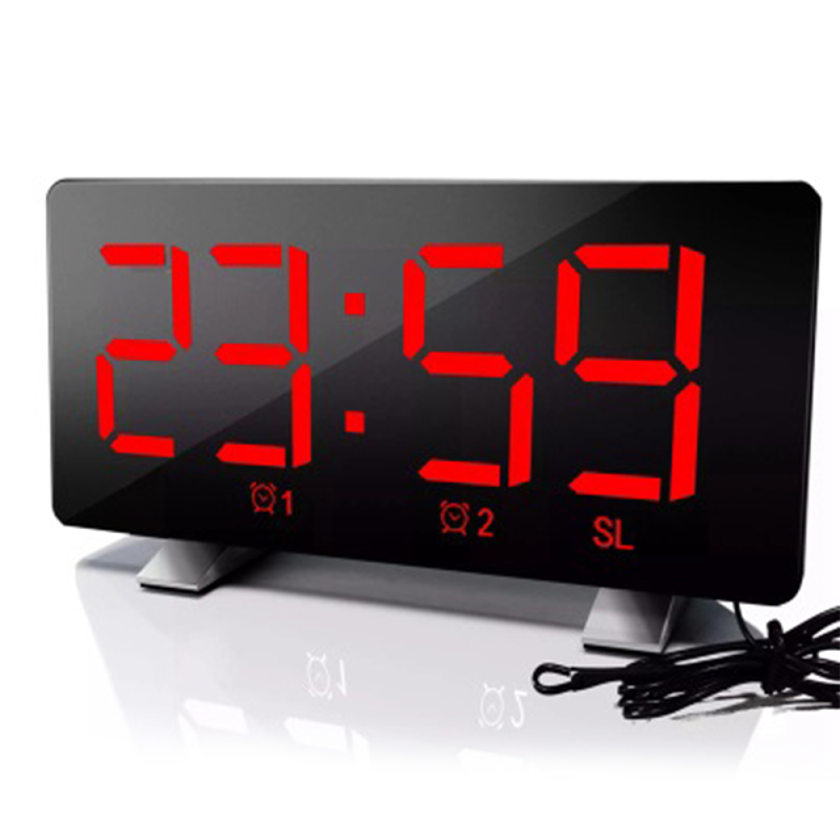 Ein digitaler Wecker mit roter Anzeige 23:59 auf schwarzem Hintergrund.