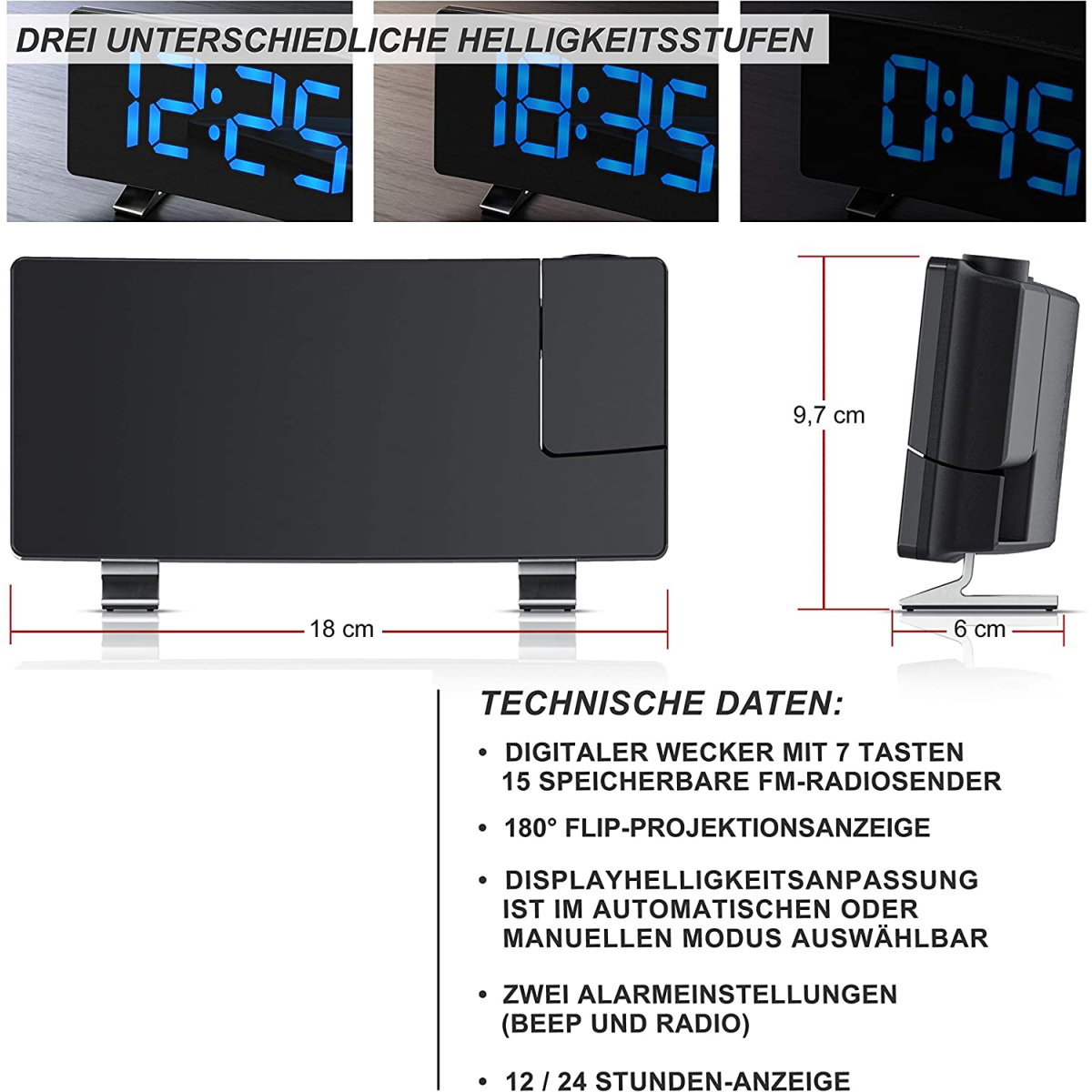 Schwarzer digitaler Wecker mit drei Helligkeitsstufen und technischer Datentabelle.