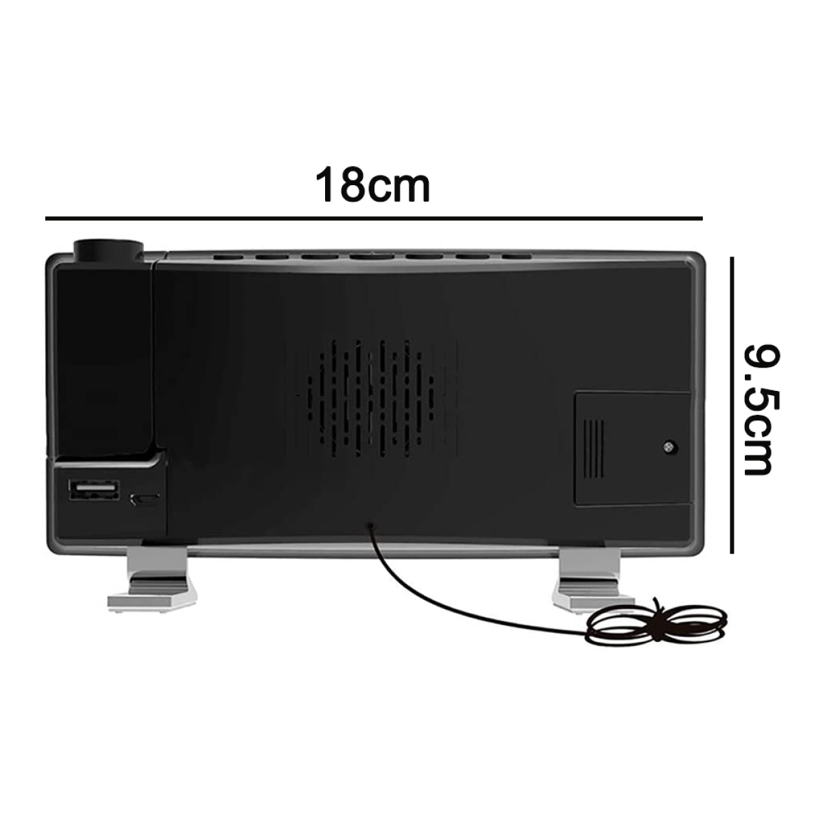 Schwarze Digitaluhr mit Abmessungen. Misst 18 cm breit und 9,5 cm hoch.