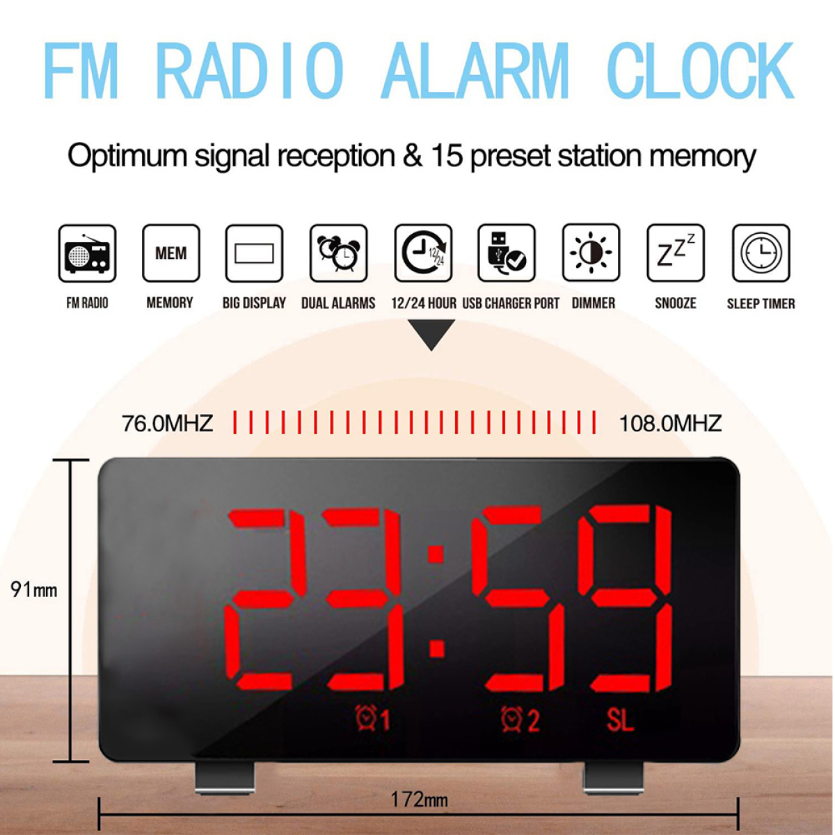Digitaler FM-Radio-Wecker mit großen roten Ziffern und Funktionssymbolen auf schwarzem Hintergrund.
