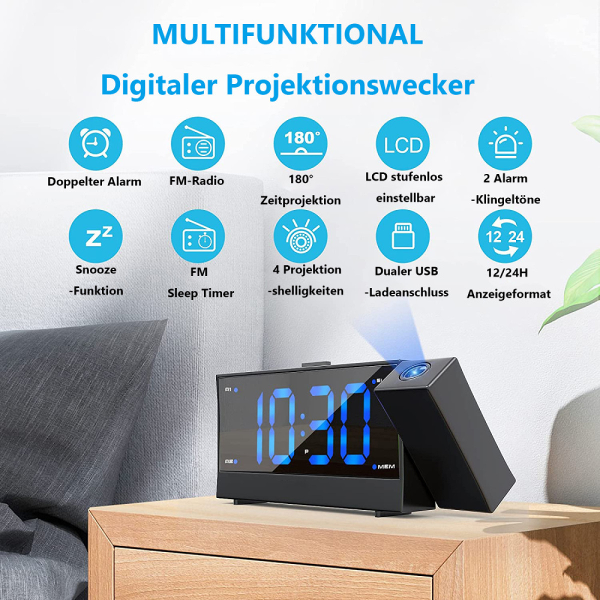 Digitaler Wecker mit Funktionssymbolen und Bildschirm auf einem Nachttisch.