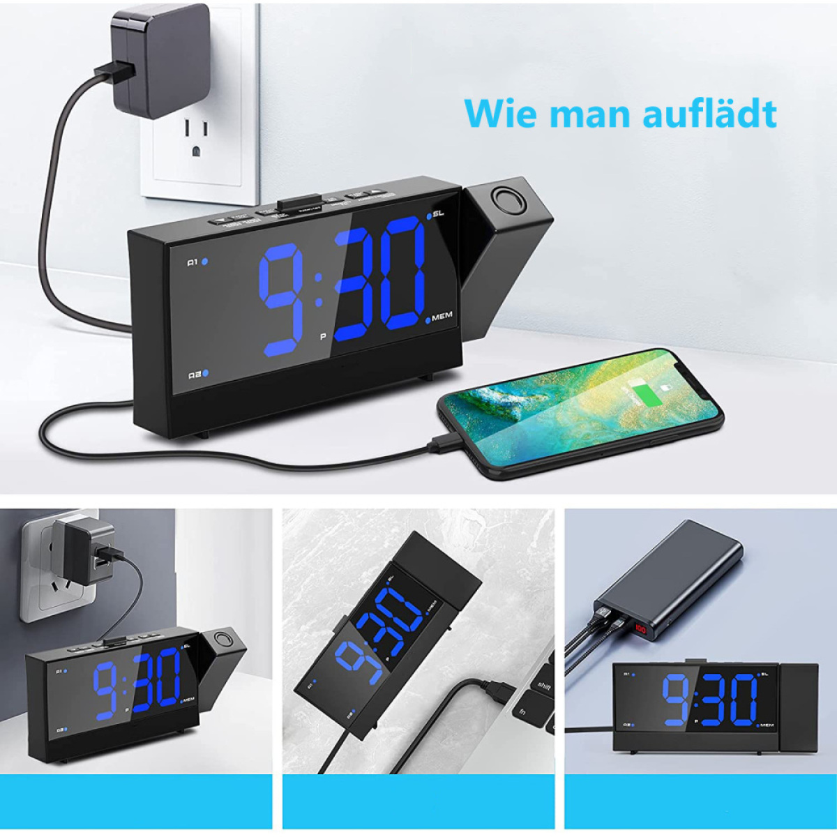 Ein schwarzer Wecker und ein Smartphone, das geladen wird. Verschiedene Ansichten, weißer Hintergrund.