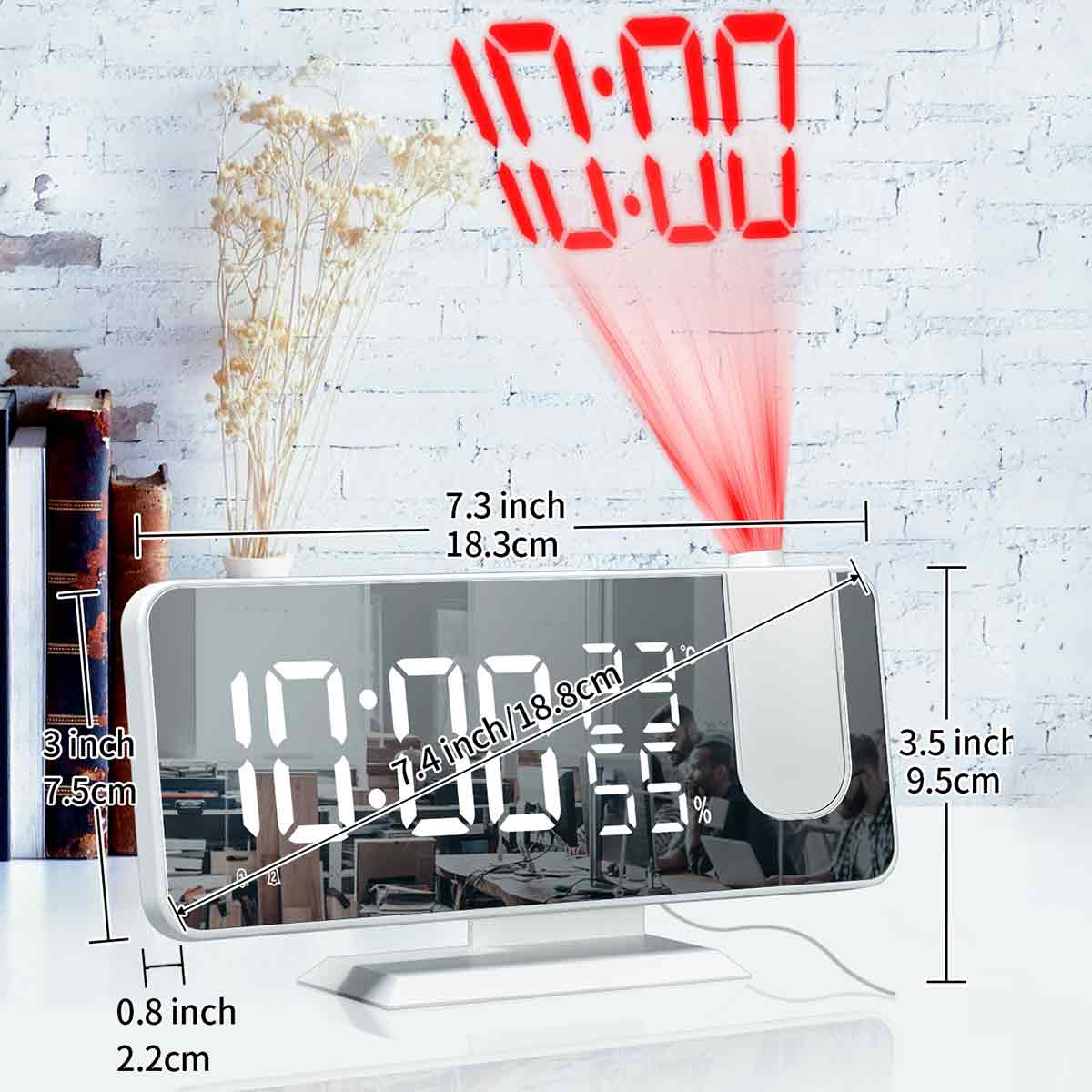Digitaler Wecker mit Anzeige 10:00, mit Abmessungen und roter Projektion der Uhrzeit.