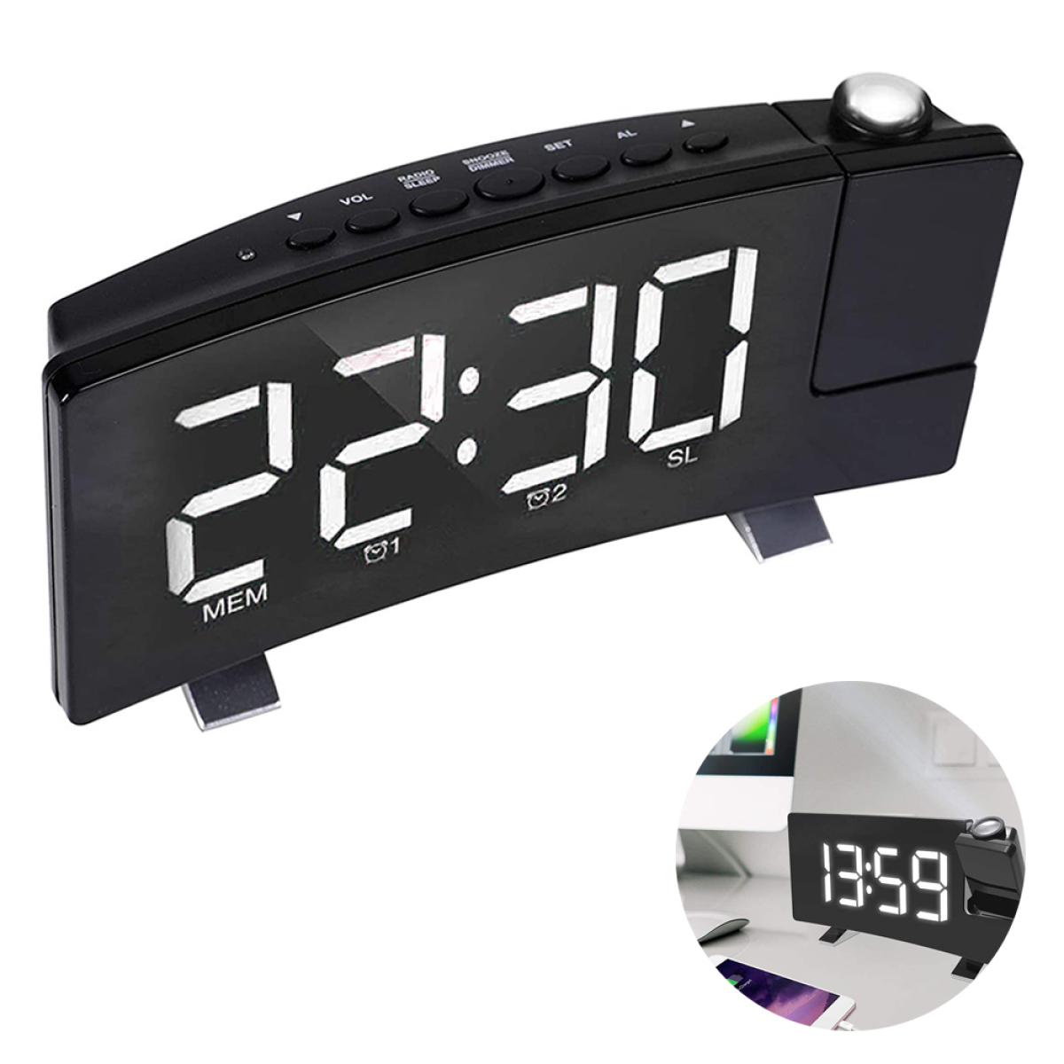 Schwarzer digitaler Wecker mit großen weißen Ziffern. Es gibt einen Projektor und eine kleinere Uhr im Bild.