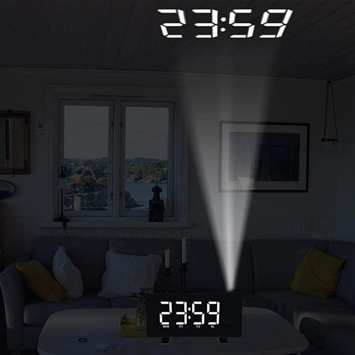 Digitaluhr, die die Zeit an eine Wand projiziert.