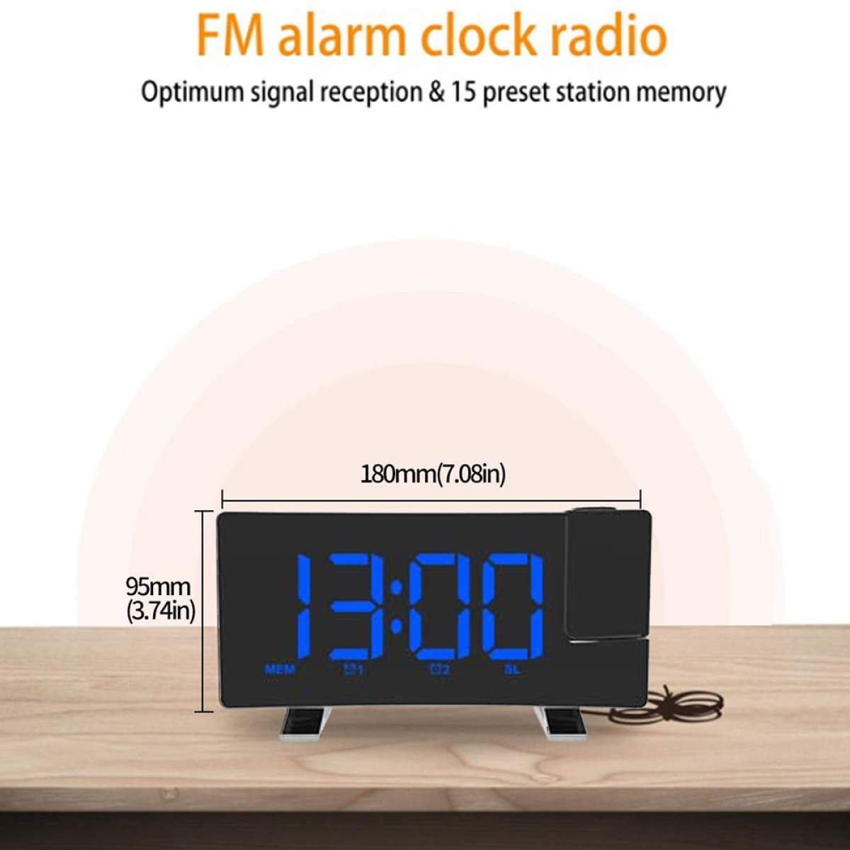 Schwarzer Wecker mit blauen Ziffern, die 1:00 anzeigen. Text oben: FM-Wecker.