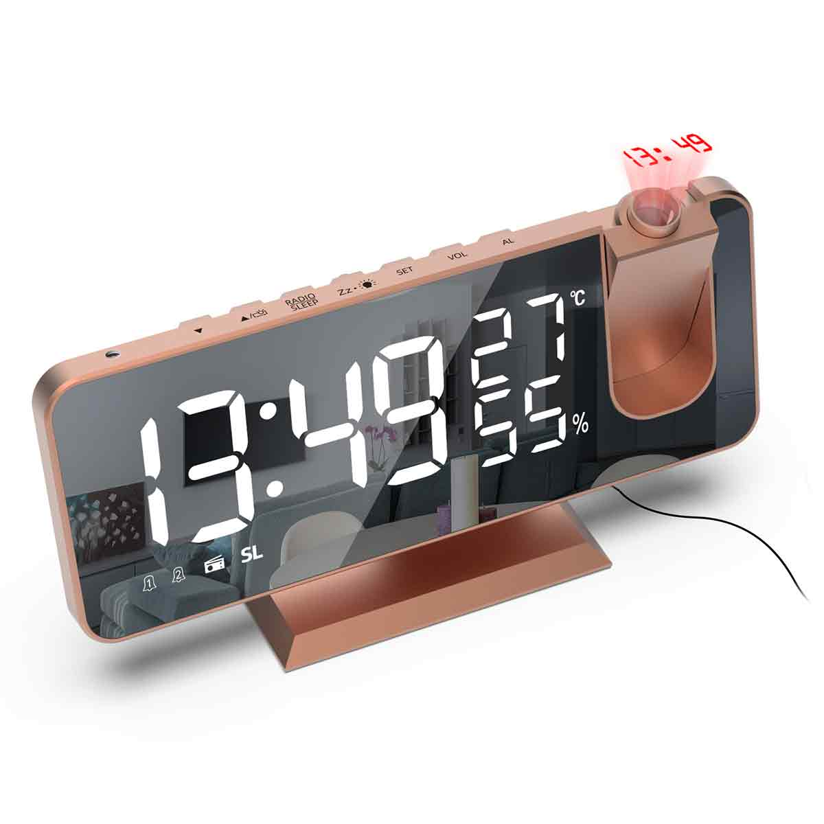 Ein roségoldener digitaler Wecker. Es zeigt die Uhrzeit, das Datum und die Temperatur an. Der Hintergrund ist weiß.